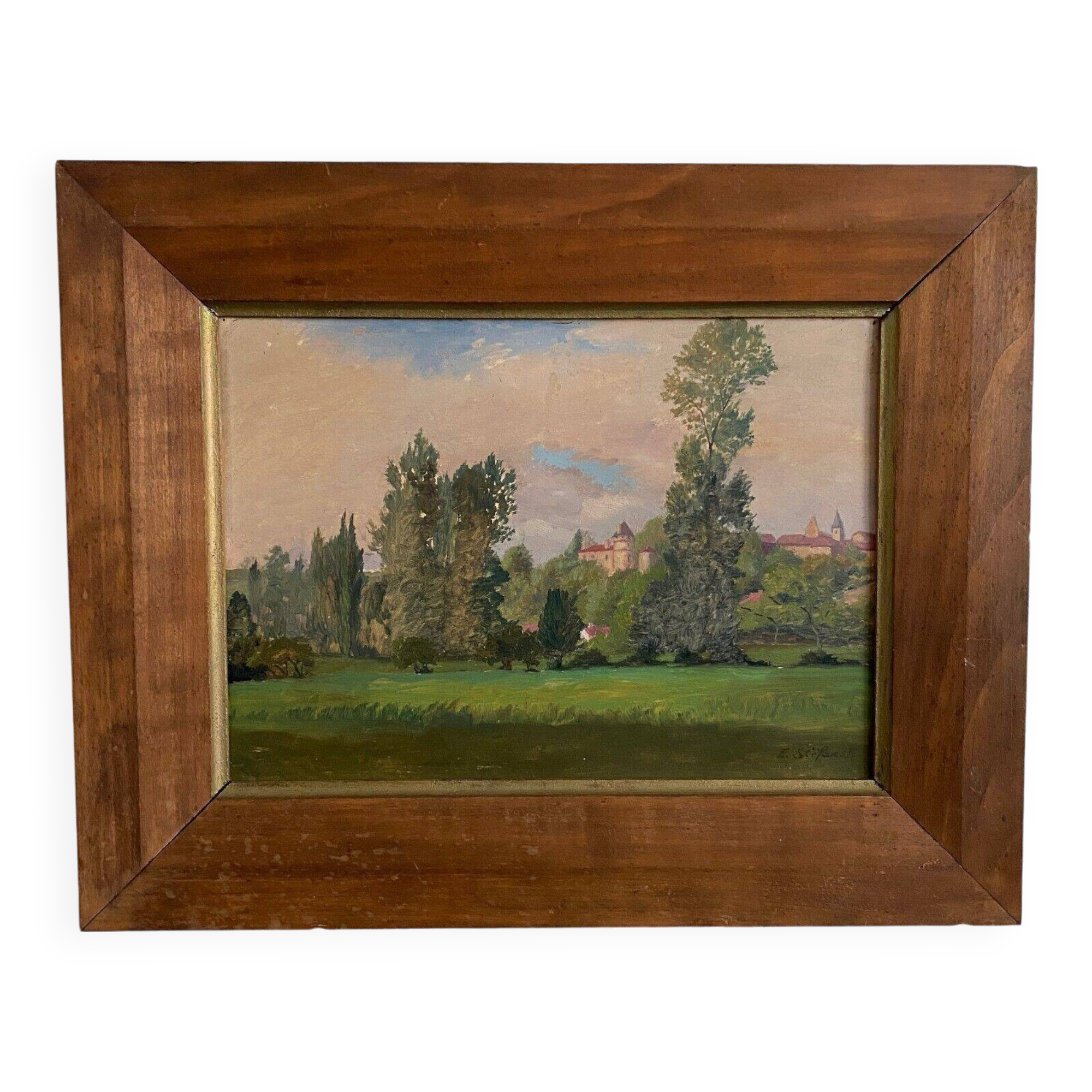 Oil on cardboard depicting a castle by E. Stefanski 20th century
