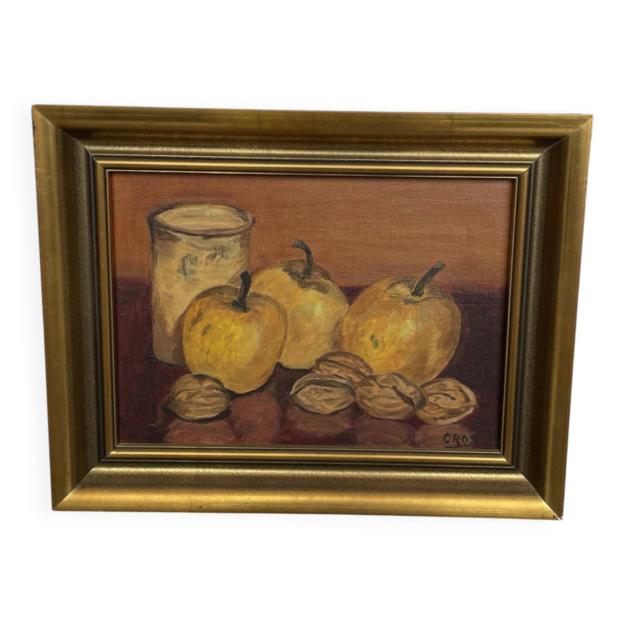 Oil painting on canvas, still life with fruits and pot, nuts, signed, George Cros, signed