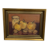 Oil painting on canvas, still life with fruits and pot, nuts, signed, George Cros, signed