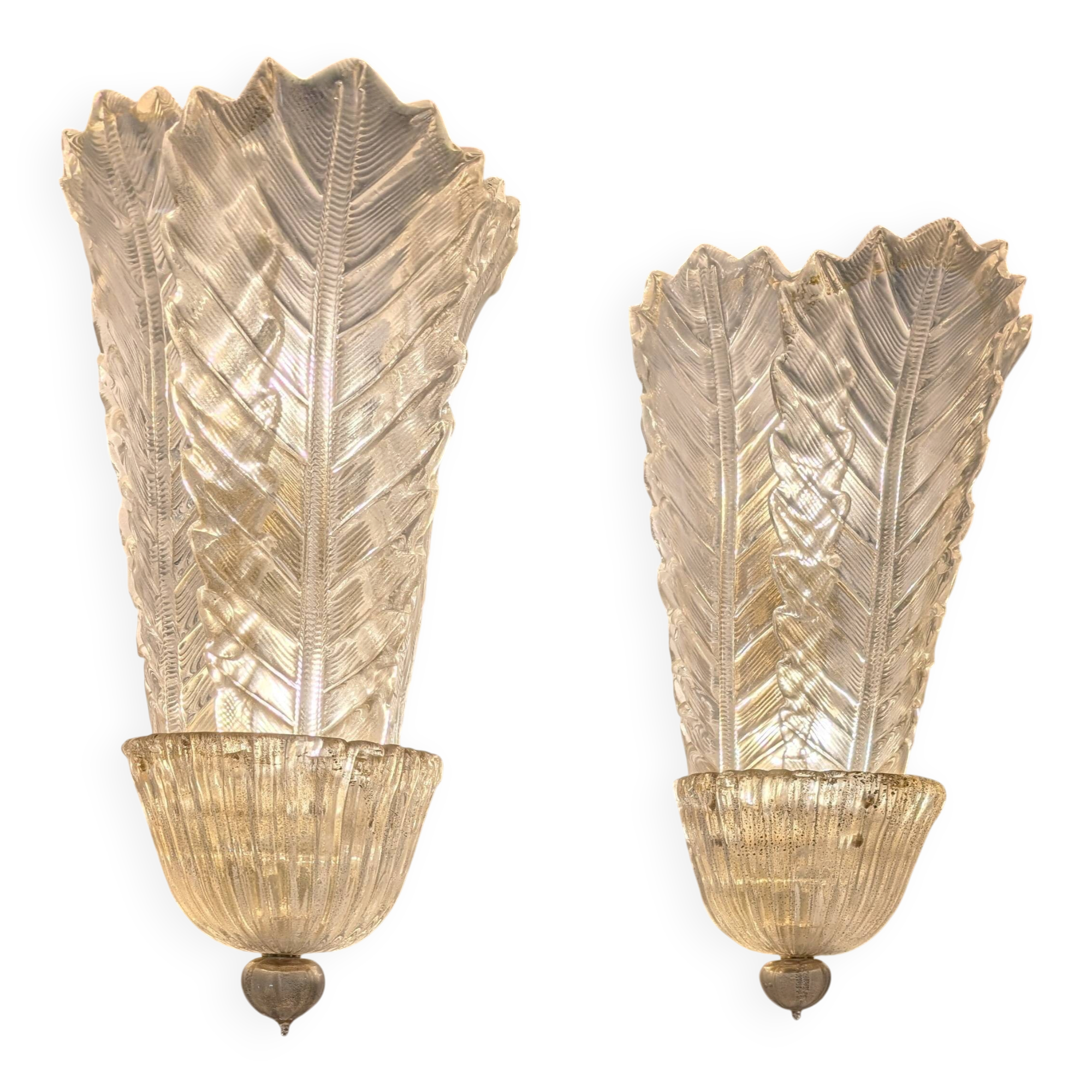 Paire de grands appliques murales Barovier & Toso Foglia d’Oro, années 1980.