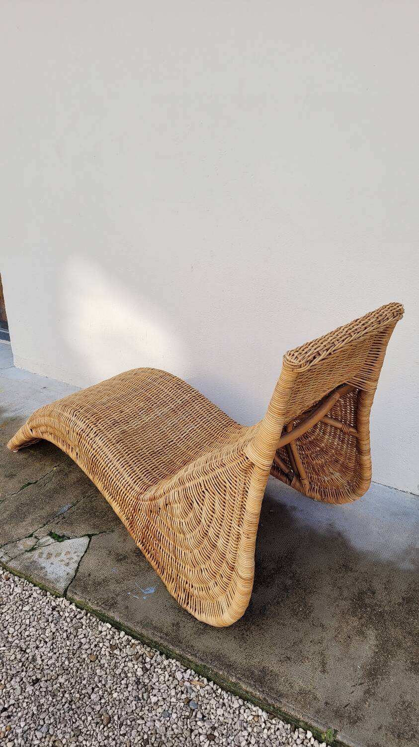 Vintage rattan chaise longue deck chair - 1970s