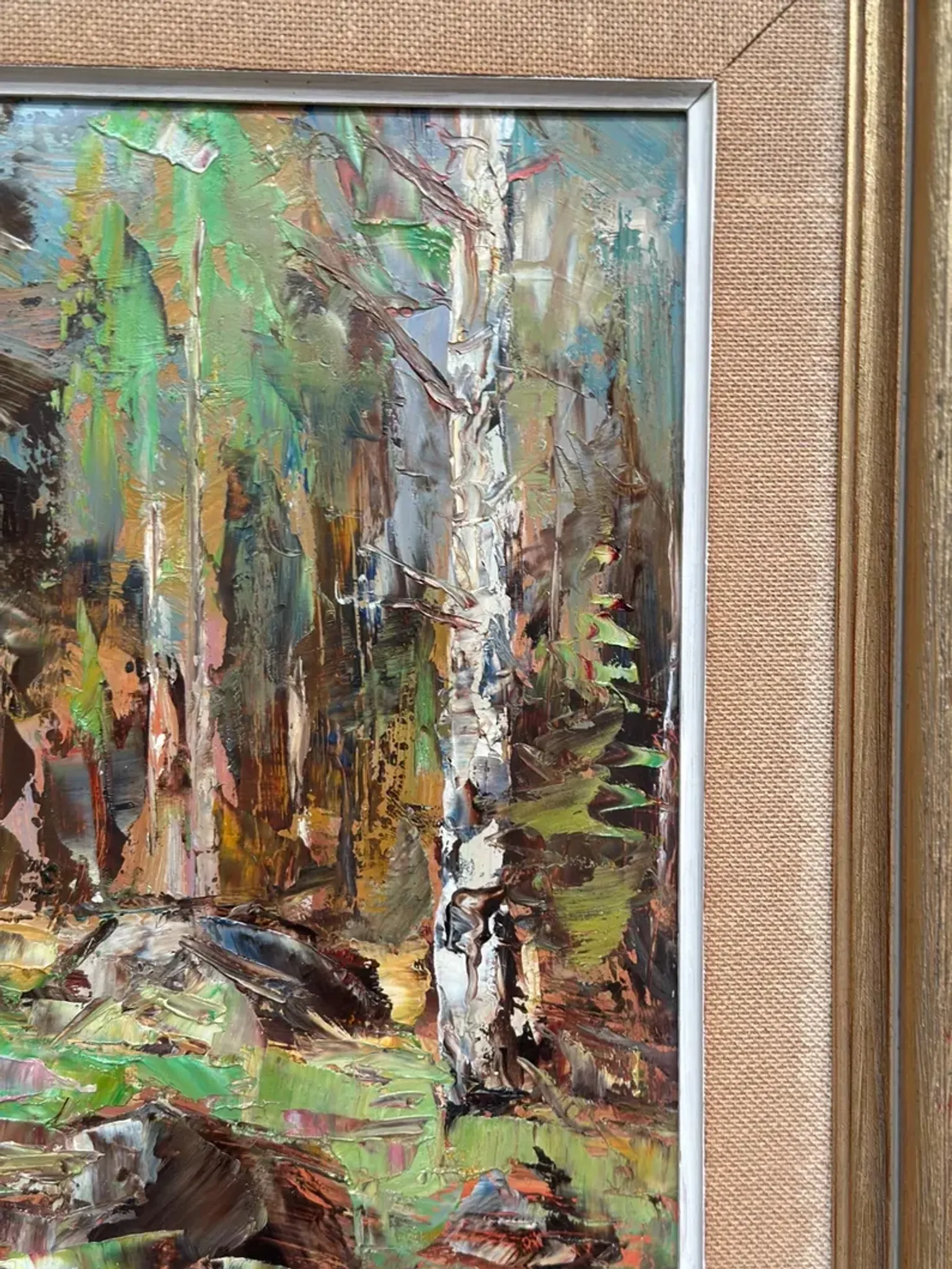 Original Swedish Oil on Canvas – “Birch Forest” by John Sköld – Signed – Dated 1954 – Framed – 40 × 40 cm