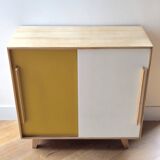 Vintage low sideboard with sliding doors in solid pine - 1960s design