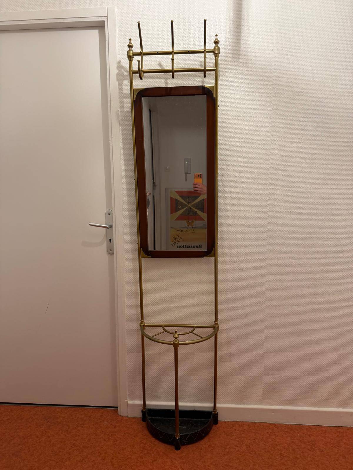 Antique brass coat rack with mirror – Vintage entrance hall wardrobe