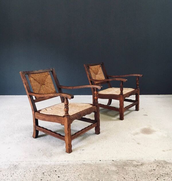 Arts & Crafts Handcrafted Low Lounge Armchairs, Belgium, 1920s, Set of 2