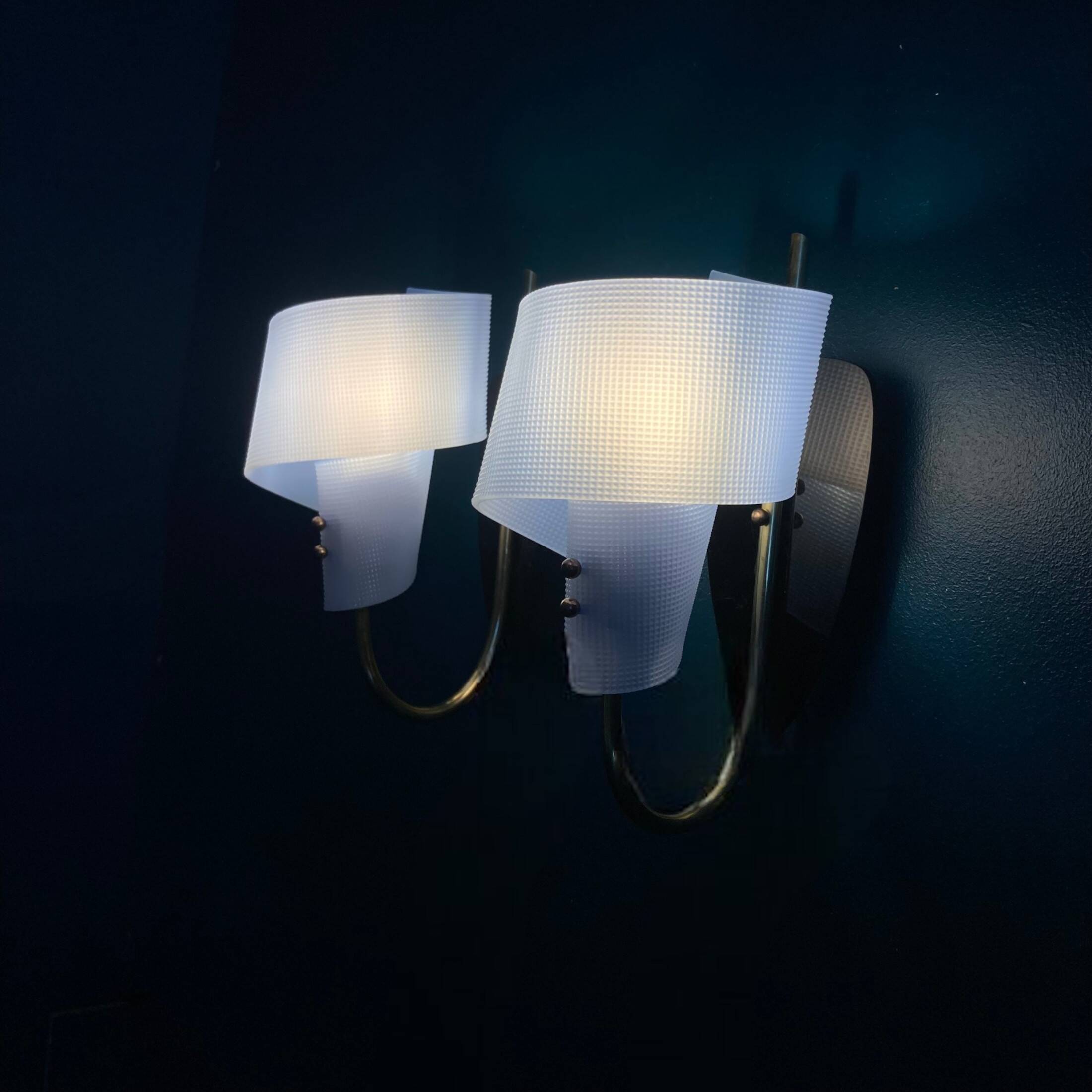 Pair of minimalist vintage seventies blue plastic and plexiglass wall lights