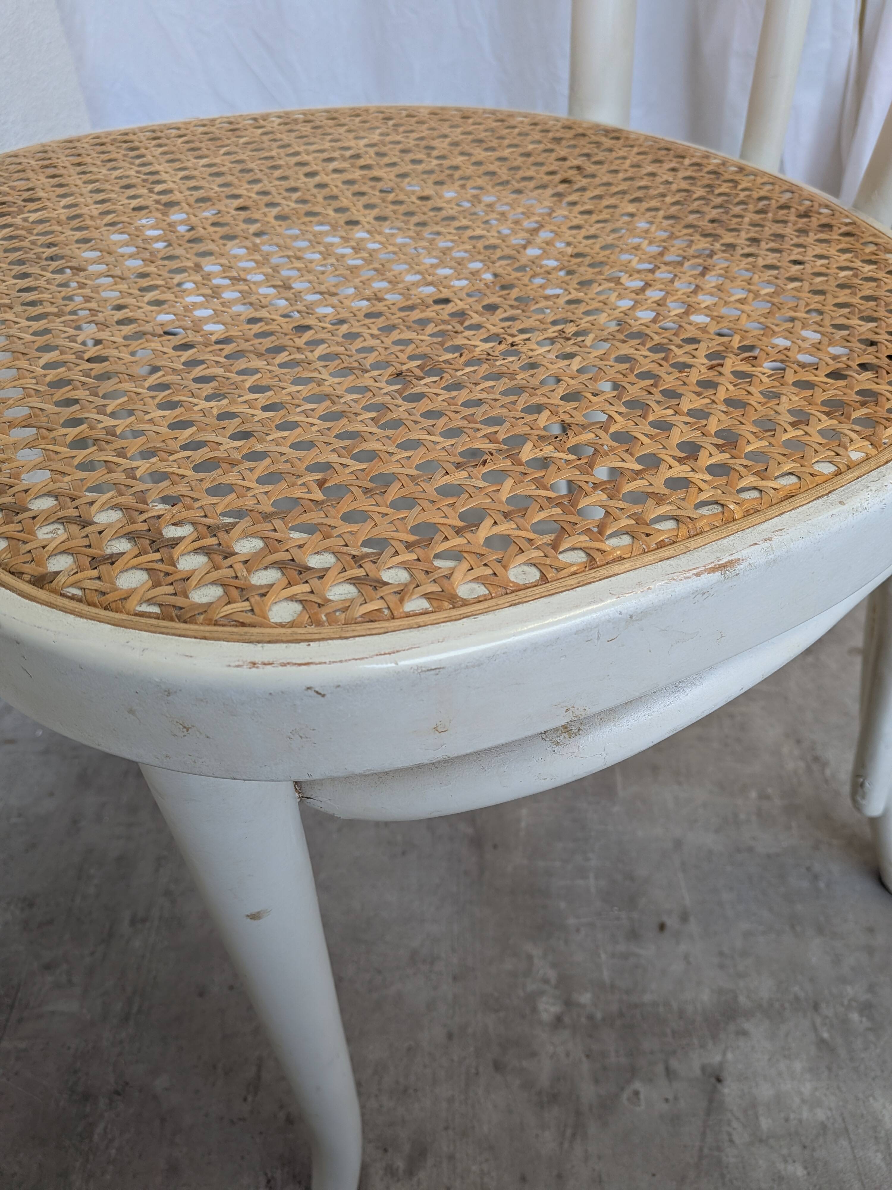 Set of 4 Vintage Thonet Style Dining Chairs: White Wood & Cane Seat