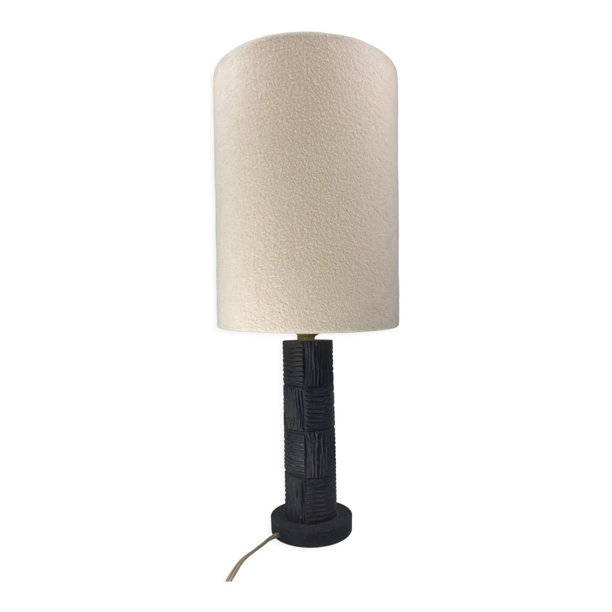 Midcentury brutalist bakelite table lamp, bouclé shade 1960s