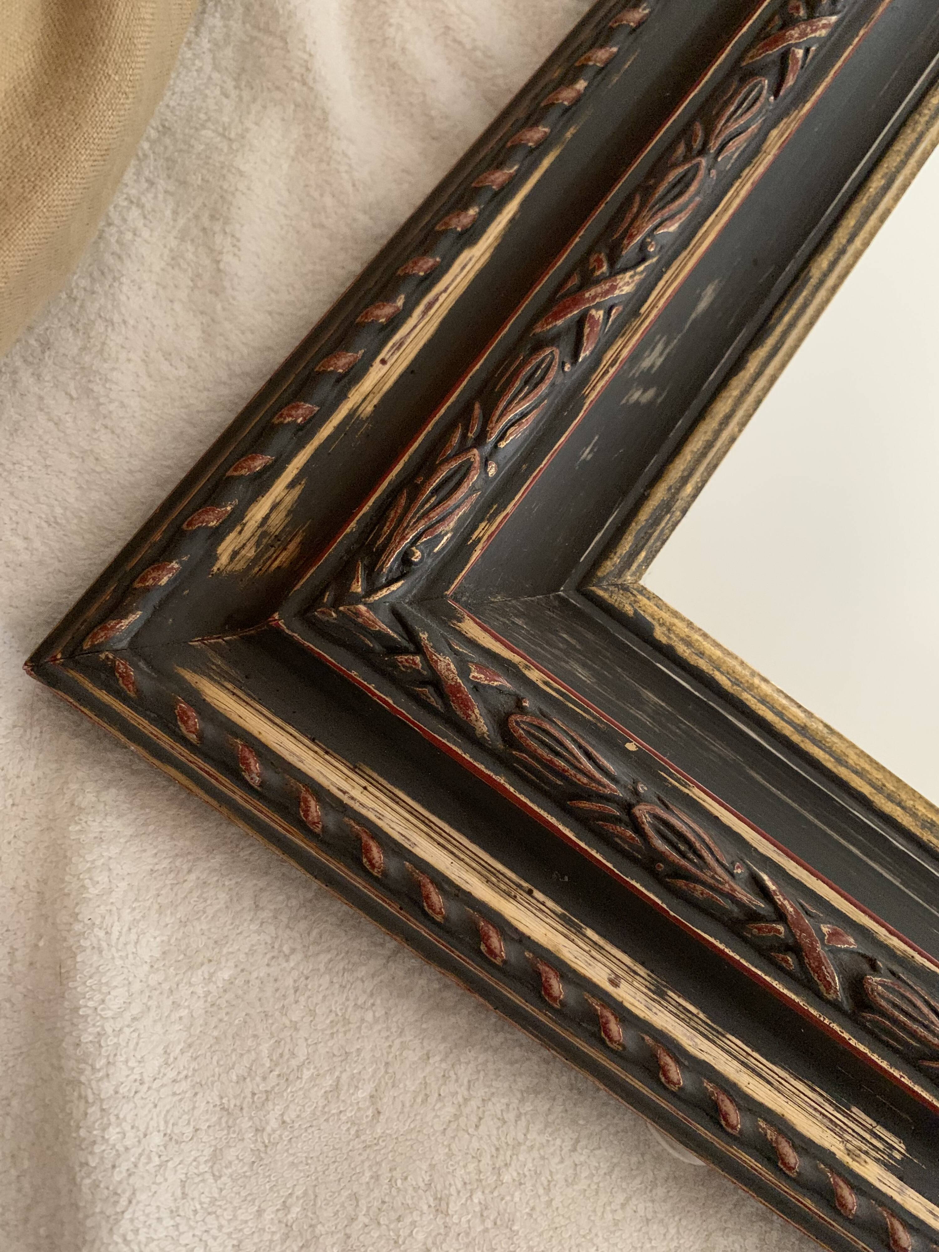 Miroir rectangle ancien lours bois sculpté peint patiné