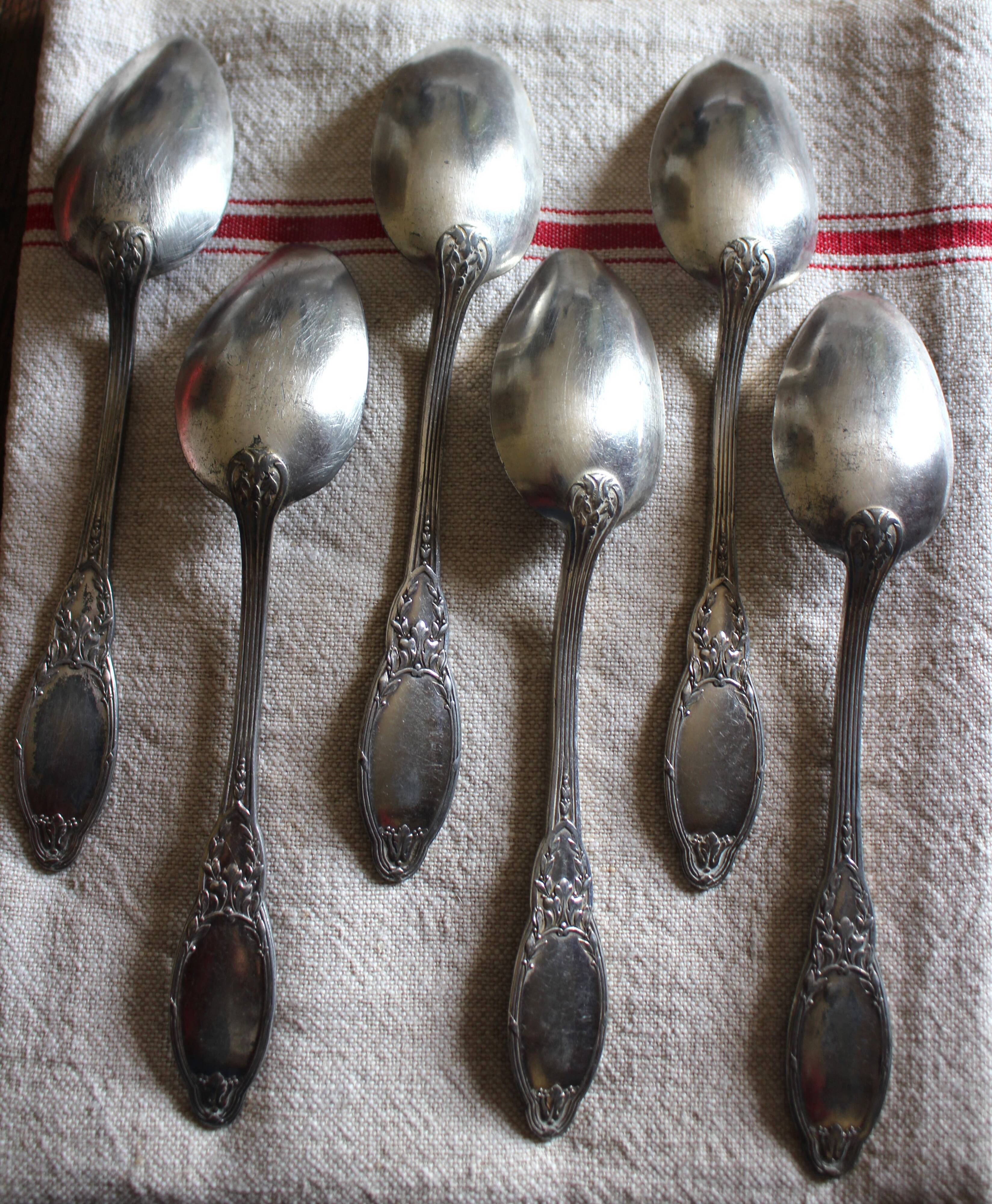 A set of 6 silver-plated metal soup spoons with foliage design.