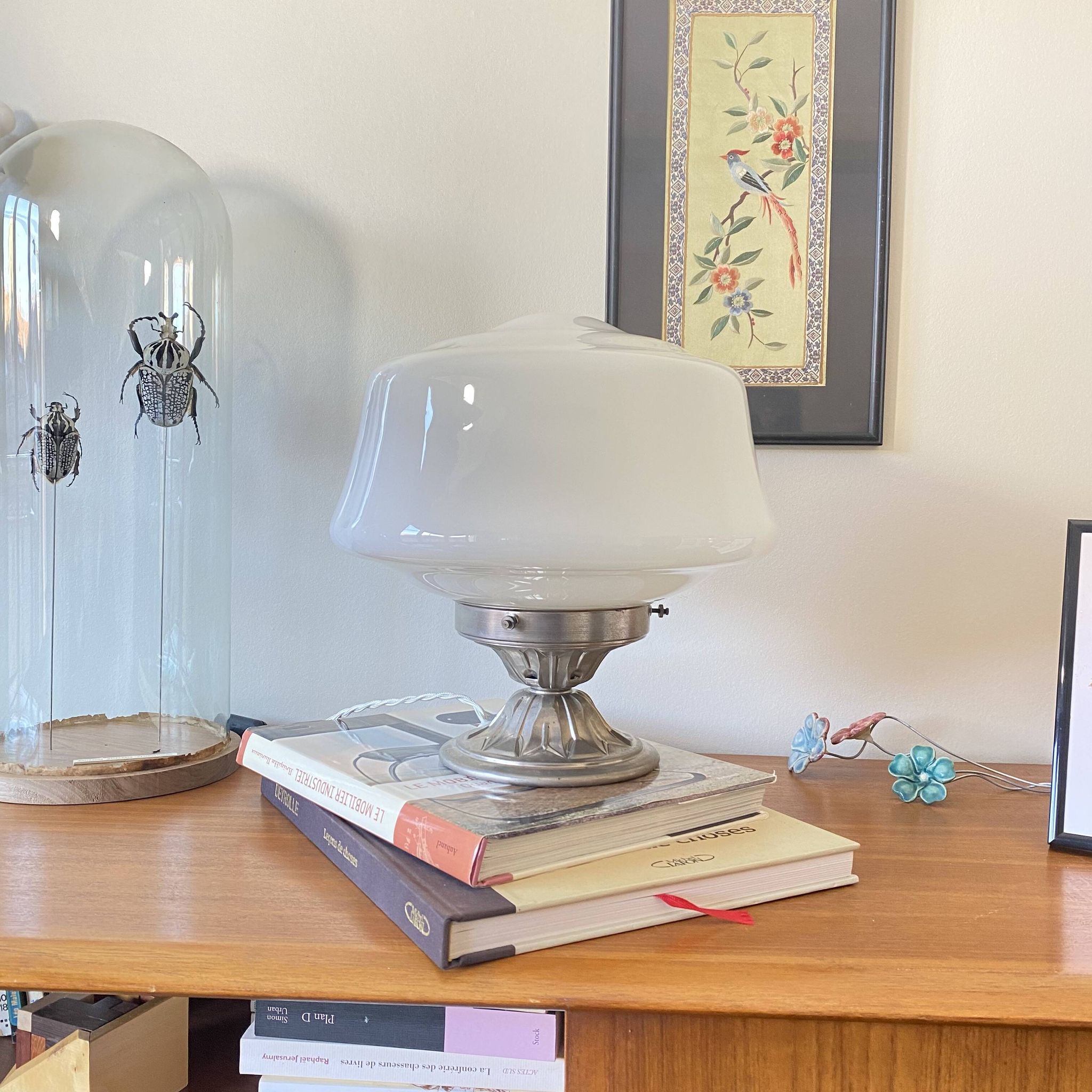 Large vintage globe lamp in white opaline glass and chrome brass.