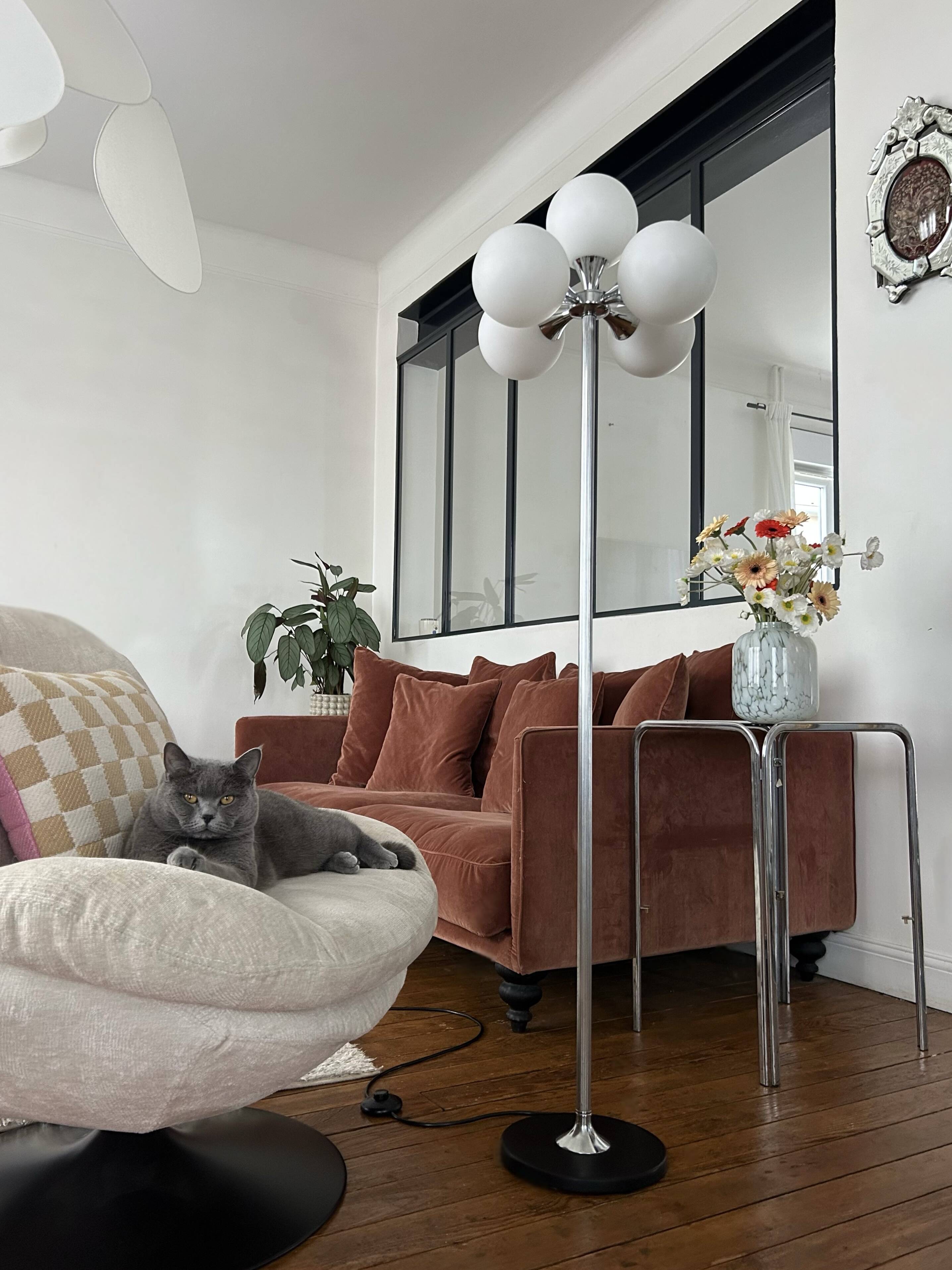 1970s floor lamp. 5 opal glass shades, chrome base.