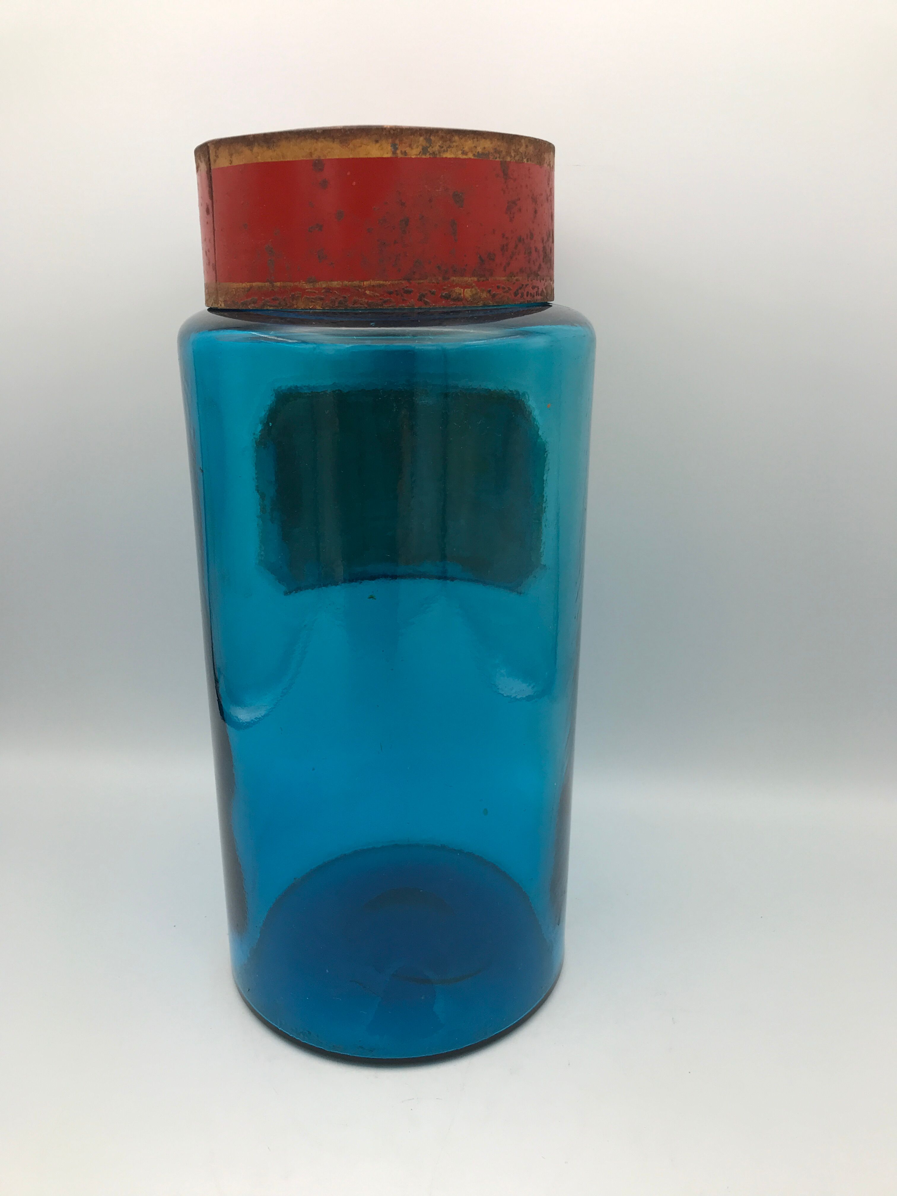 Flacon bocal de pharmacie apothicaire en verre bleu, plaque bourgeons de pin, 26,5 cm