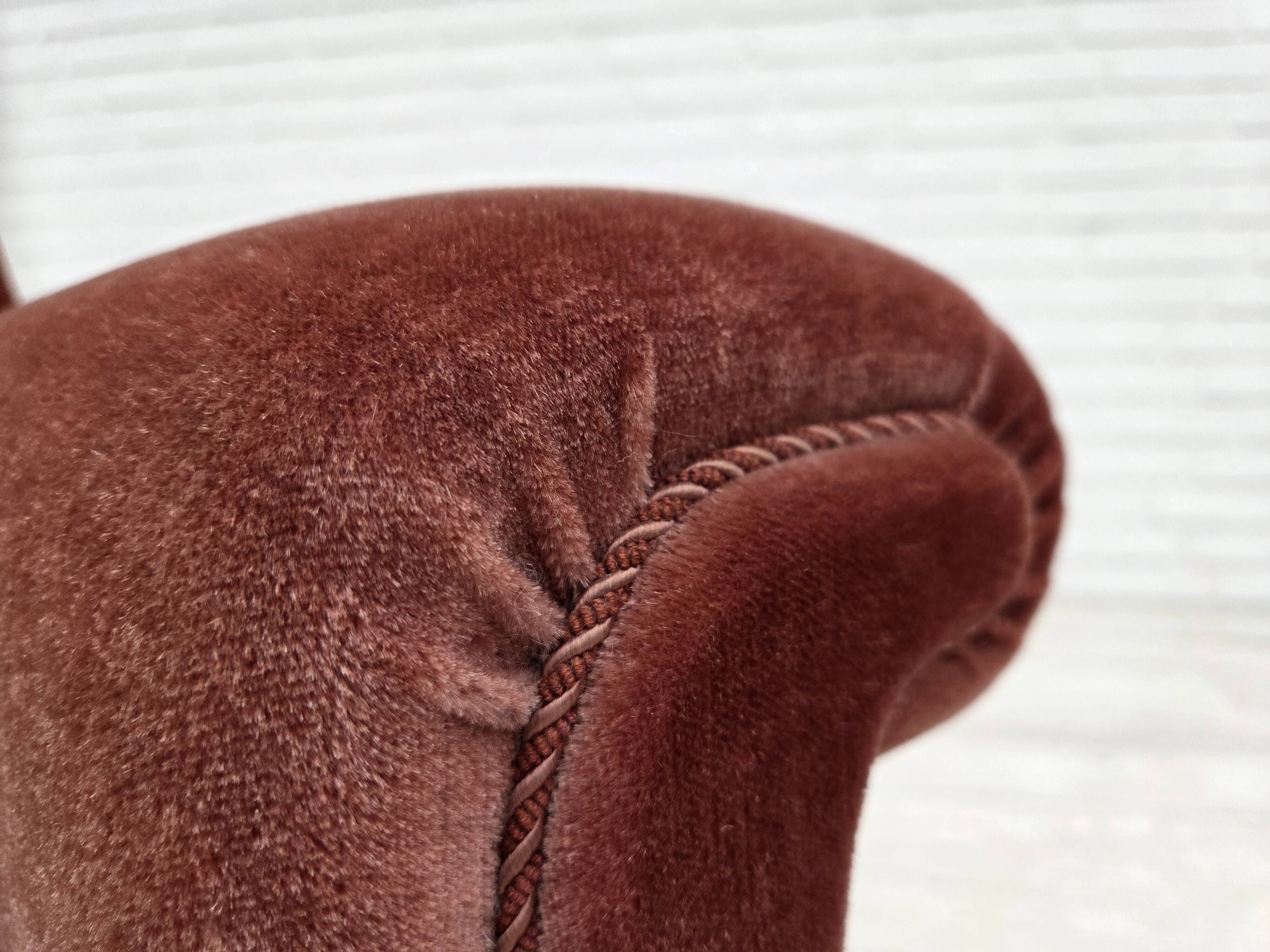 1970s, Danish armchair, salmon pink furniture velour, beech wood.