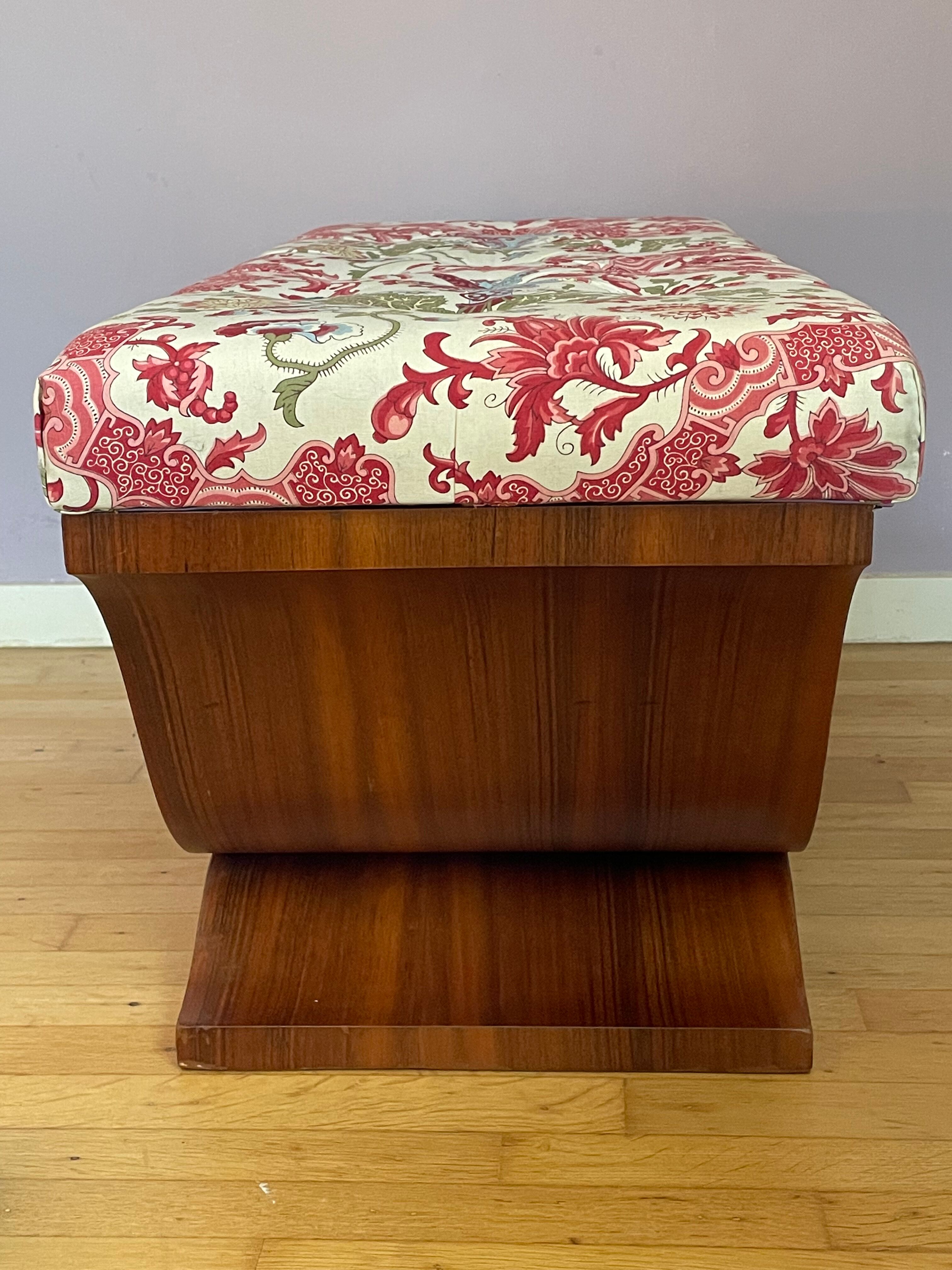 Art-deco walnut bench with floral fabric