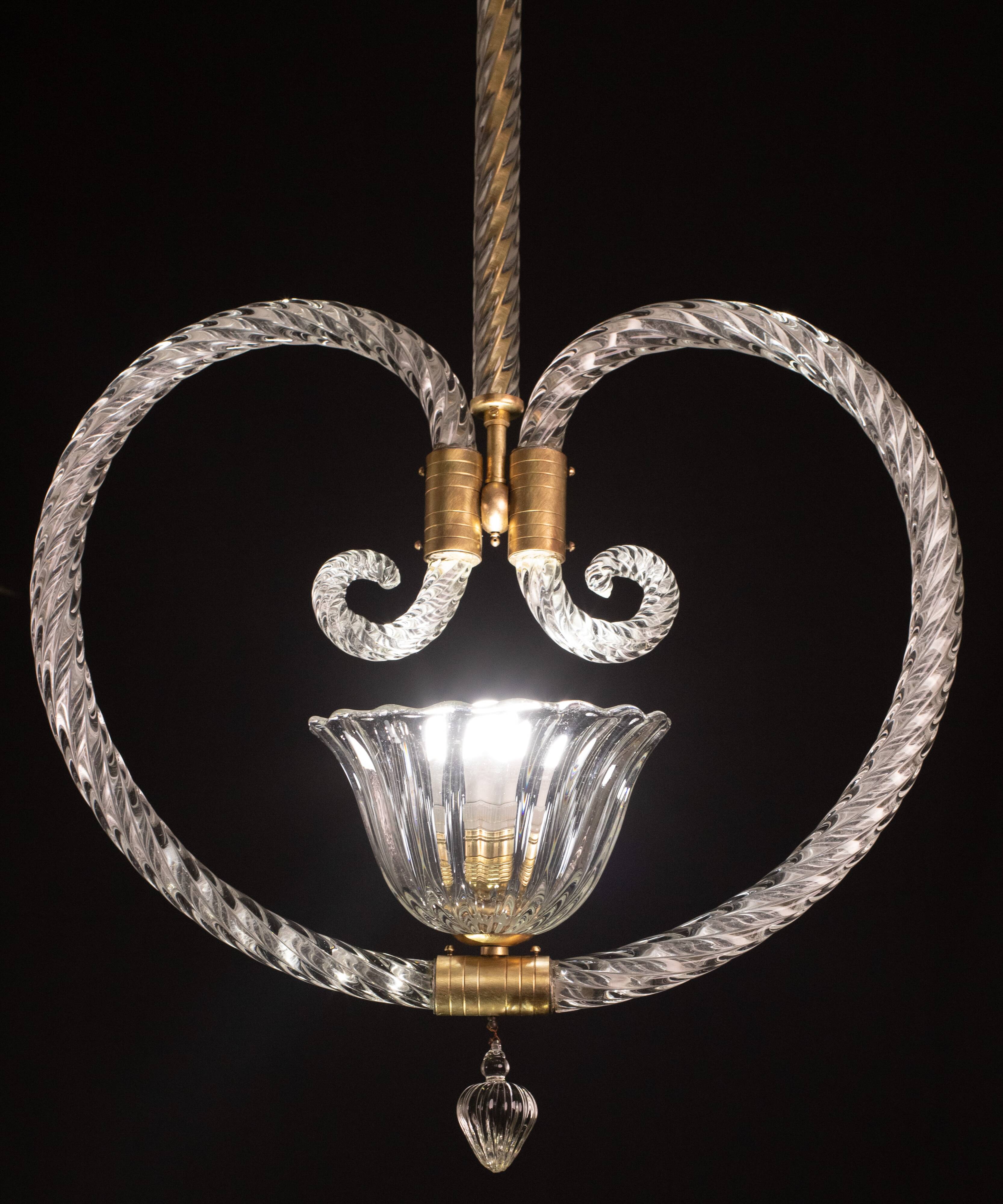 Lustre suspendu en forme de cœur art déco par barovier e toso, années 1940
