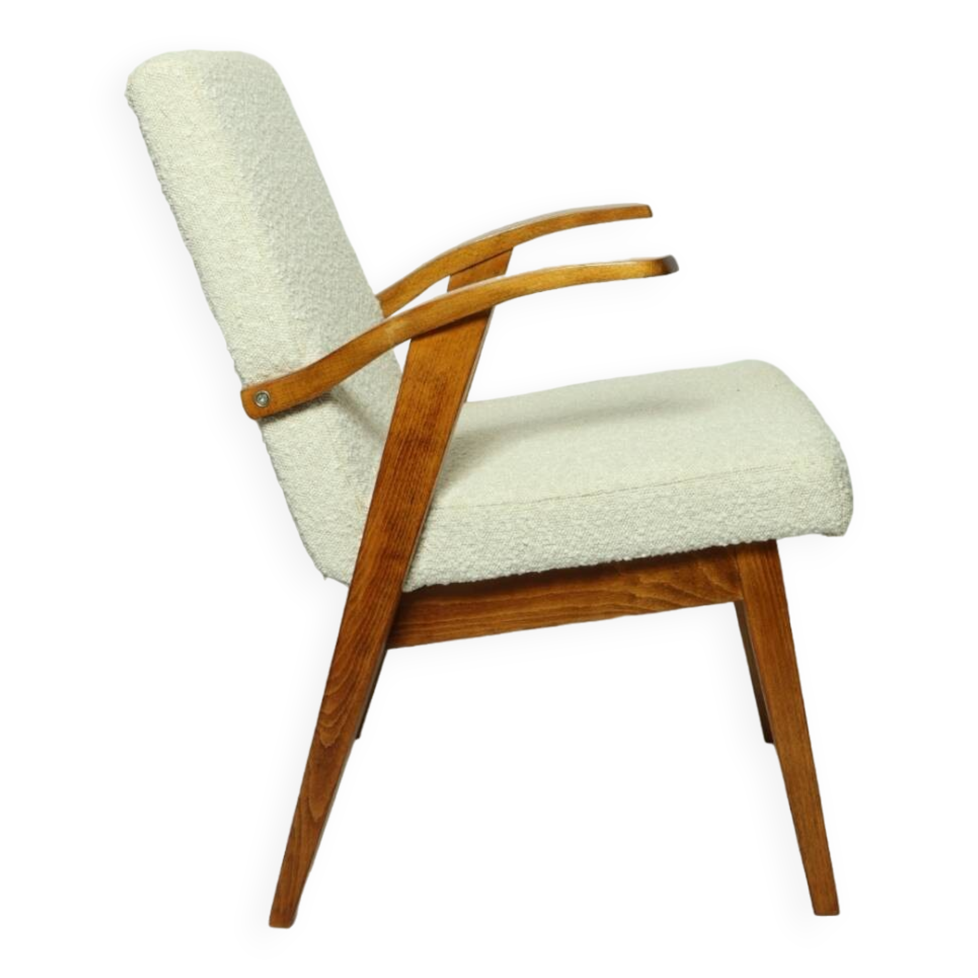Fauteuil vintage blanc perle bouclé bois naturel 1970 restauré design scandinave