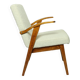 Fauteuil vintage blanc perle bouclé bois naturel 1970 restauré design scandinave