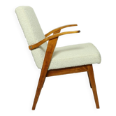 Fauteuil vintage blanc perle bouclé bois naturel 1970 restauré design scandinave
