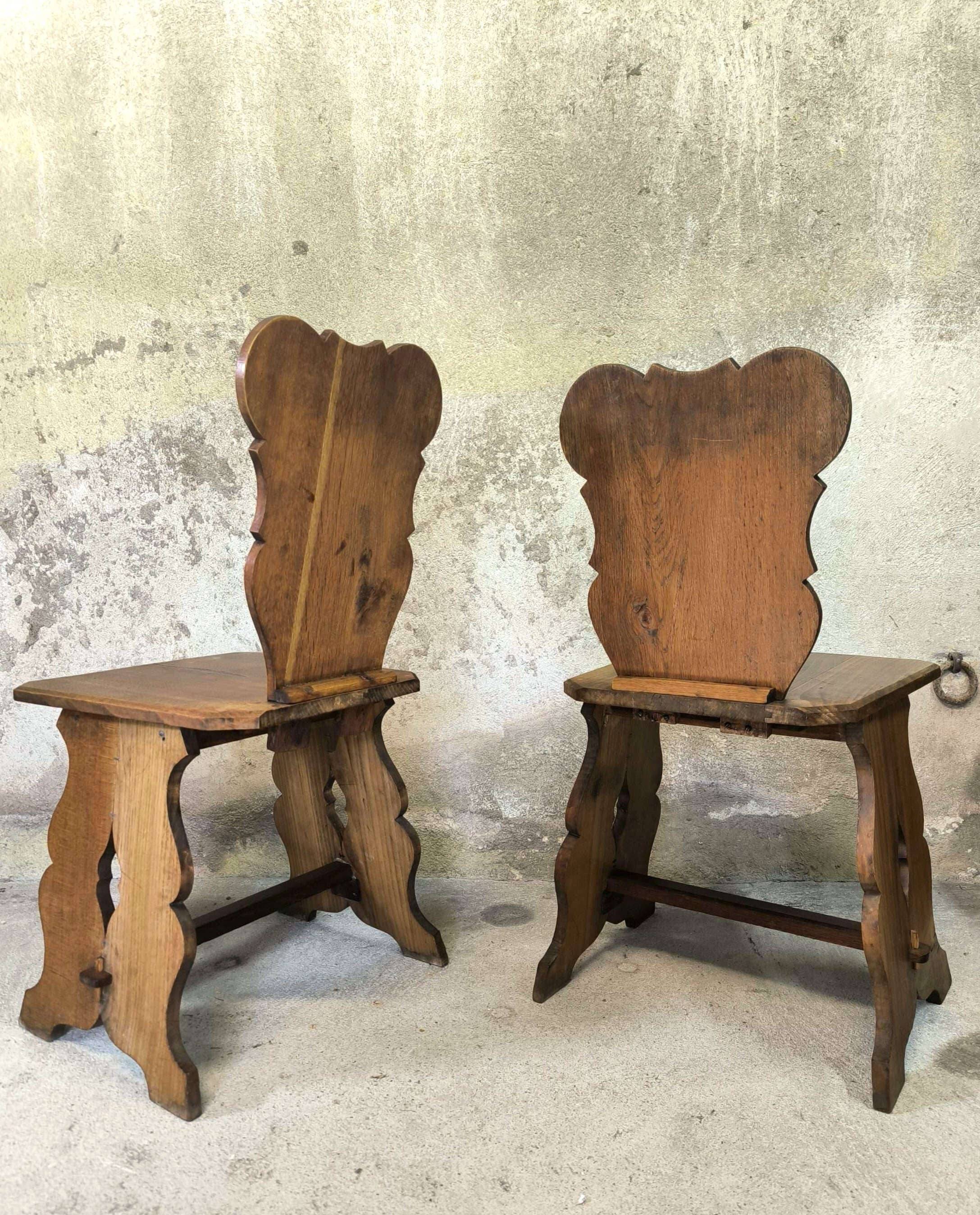 Set of six vintage brutalist wooden chairs.