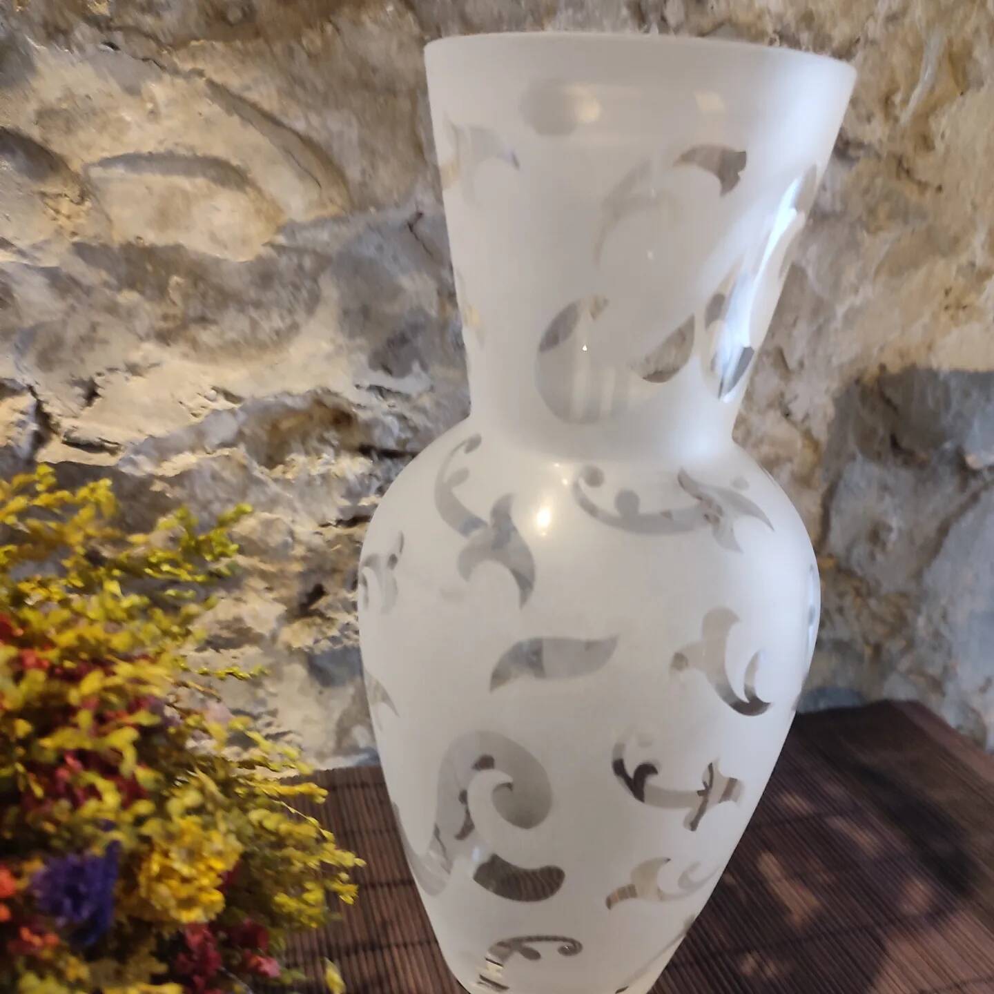 White vase in iridescent frosted etched glass