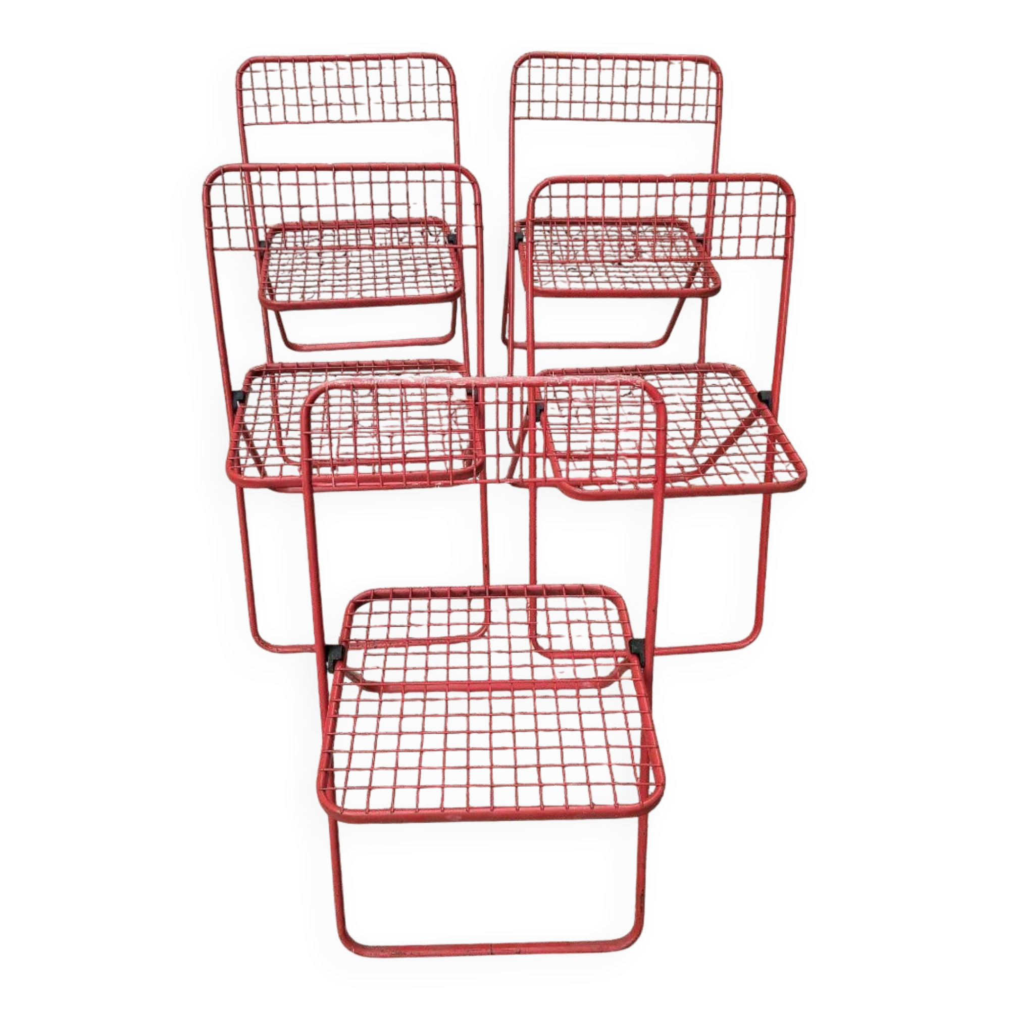 Set of 5 vintage red metal mesh folding chairs, Ted Net style.