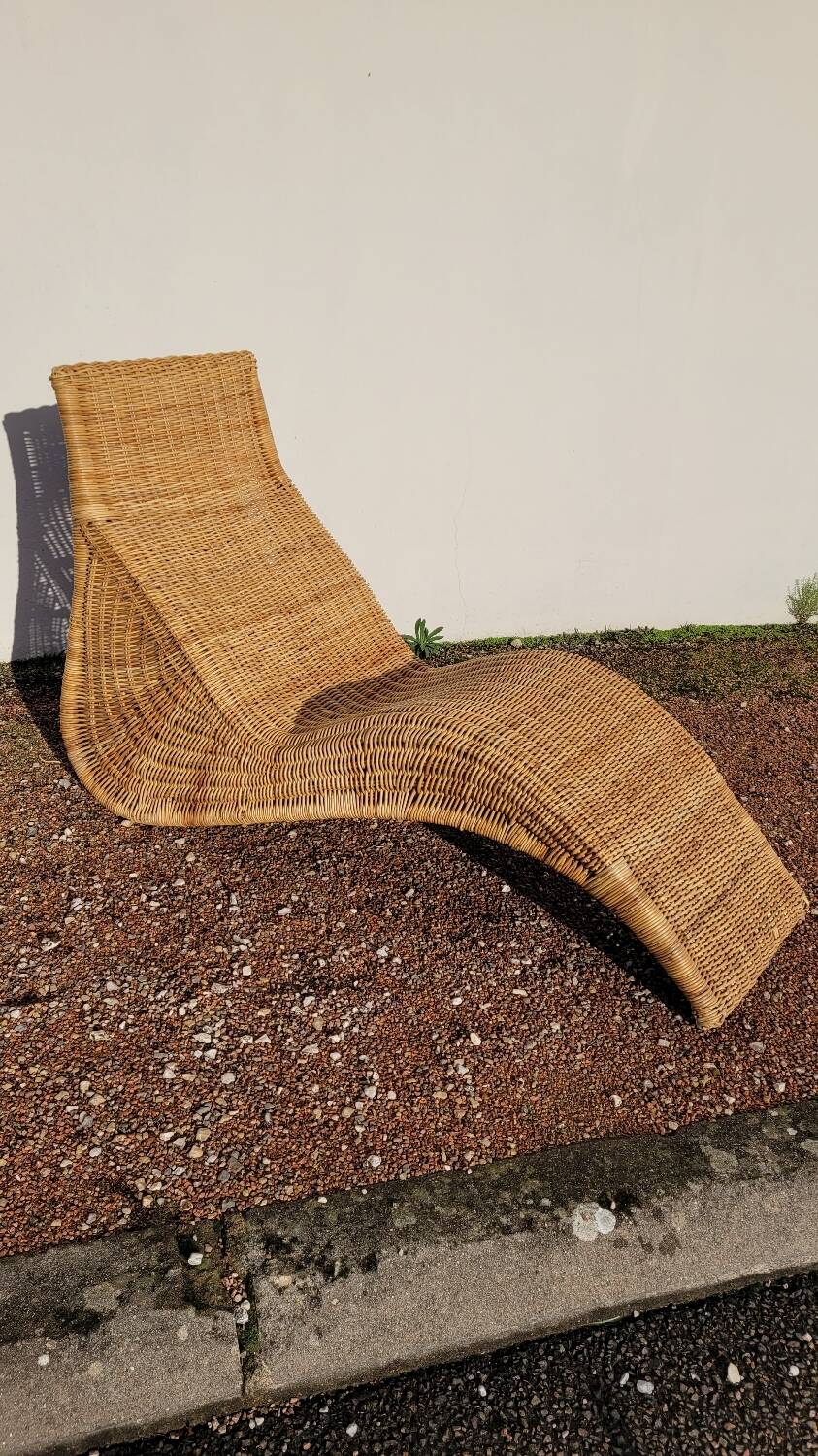 Vintage rattan chaise longue deck chair - 1970s