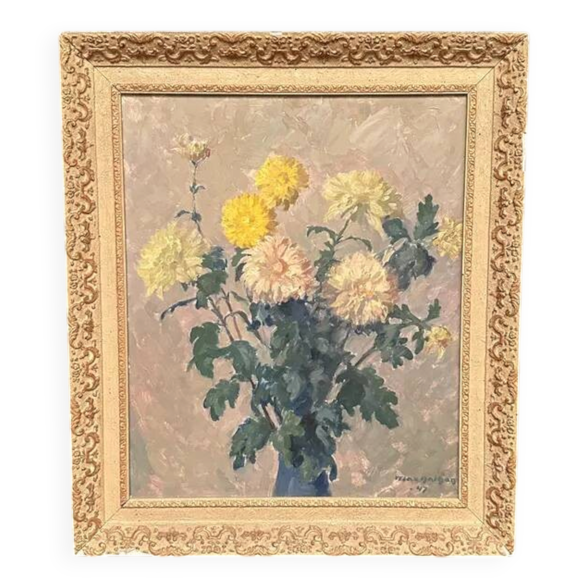 Original Swedish Oil on Panel – “Chrysanthemums” by Max Hellberg – Signed – Vintage & Framed – 68 × 58 cm (26.8" × 22.8")