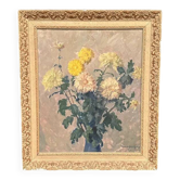 Original Swedish Oil on Panel – “Chrysanthemums” by Max Hellberg – Signed – Vintage & Framed – 68 × 58 cm (26.8" × 22.8")