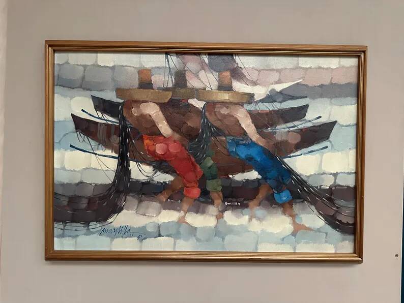 Swedish Oil on Panel"Fishermen" by Marylilla , Vintage and Framed