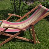 Vintage children's deckchair, sun lounger, striped canvas, 1960-1970.