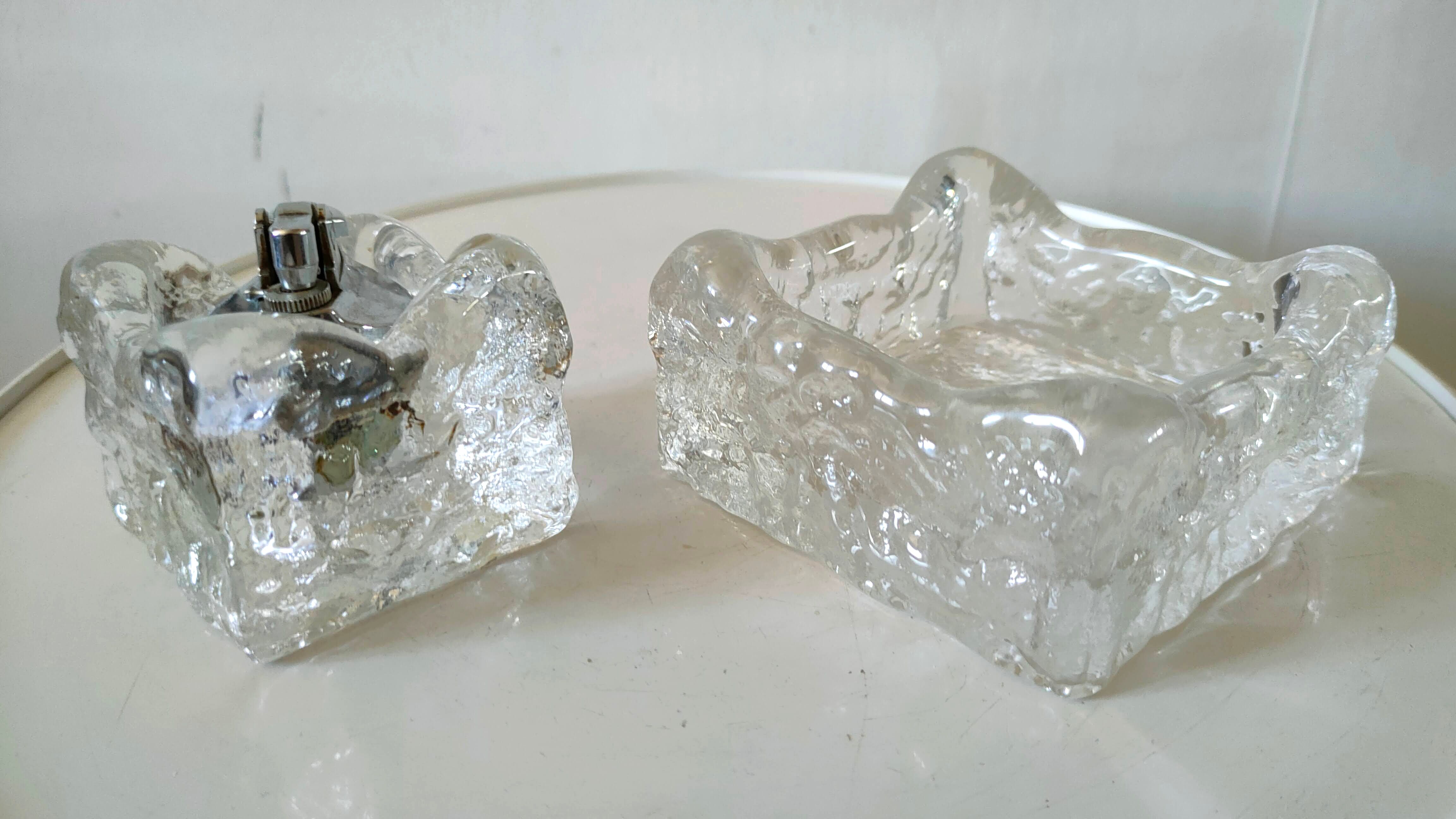 Briquet et cendrier en verre givré Kalmar design années 70