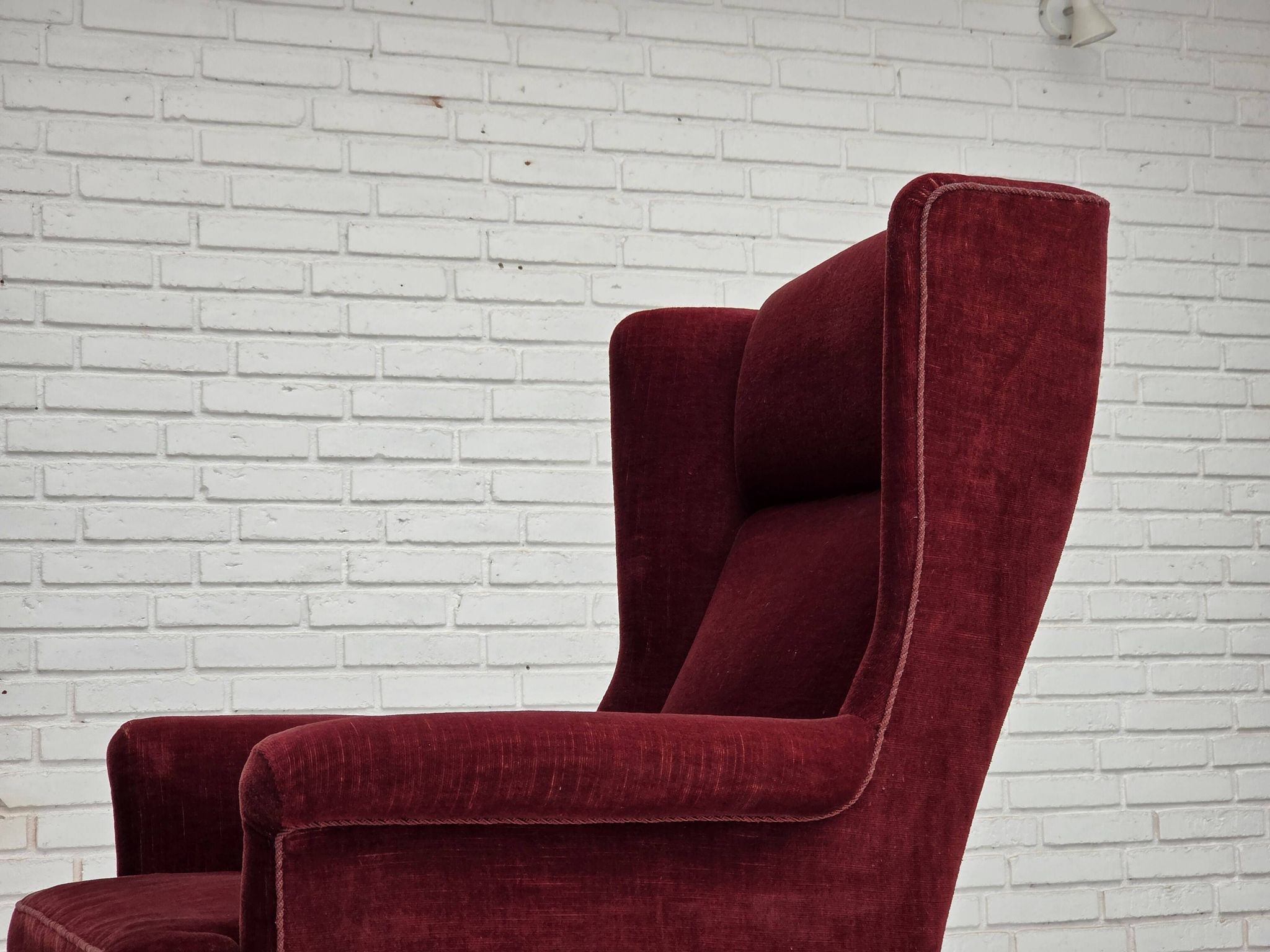 1970s, Danish highback chair, cherry-red furniture velour, ash wood legs.