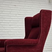 1970s, Danish highback chair, cherry-red furniture velour, ash wood legs.