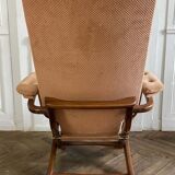 Folding armchair relax vintage wood and velvet with armrests - 70's