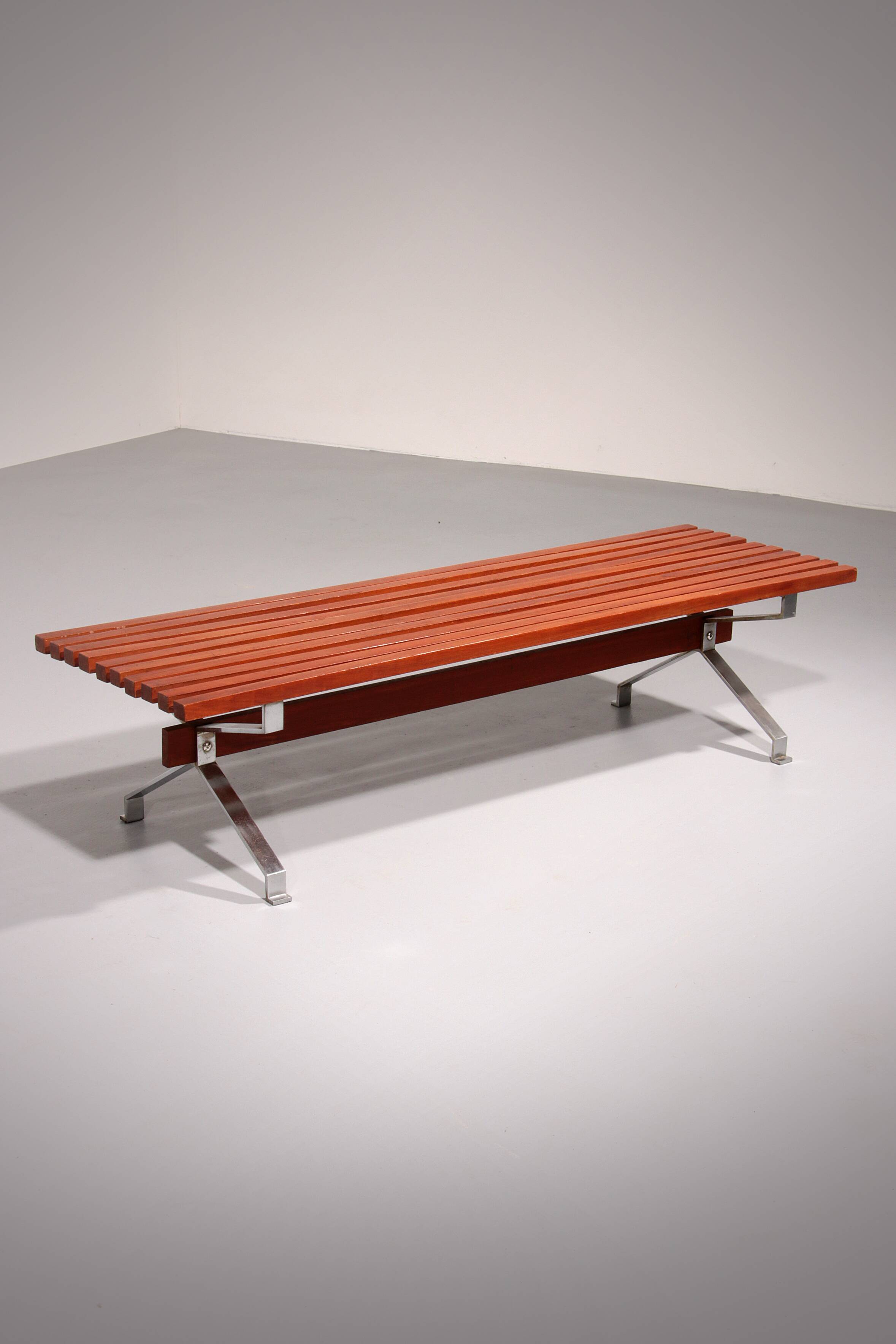 Italian teak and steel elegance bench from the 1960s