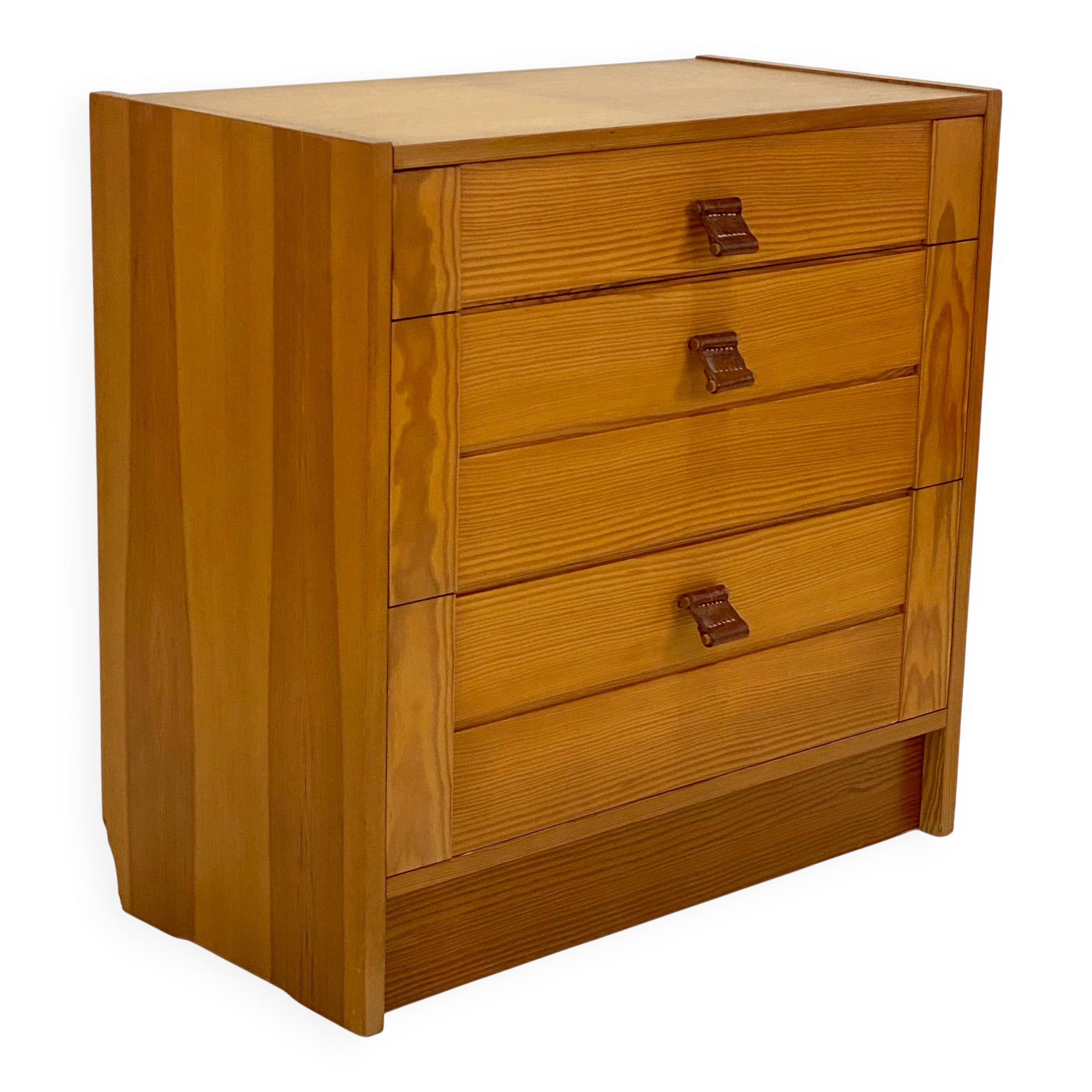 Antique 3 Drawer Chest of Drawers - Pitchpin and Leather - Vintage 70's - Scandinavian Style