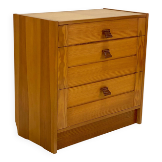 Ancien Commode 3 Tiroirs - Pitchpin et Cuir - Vintage 70's - Style Scandina