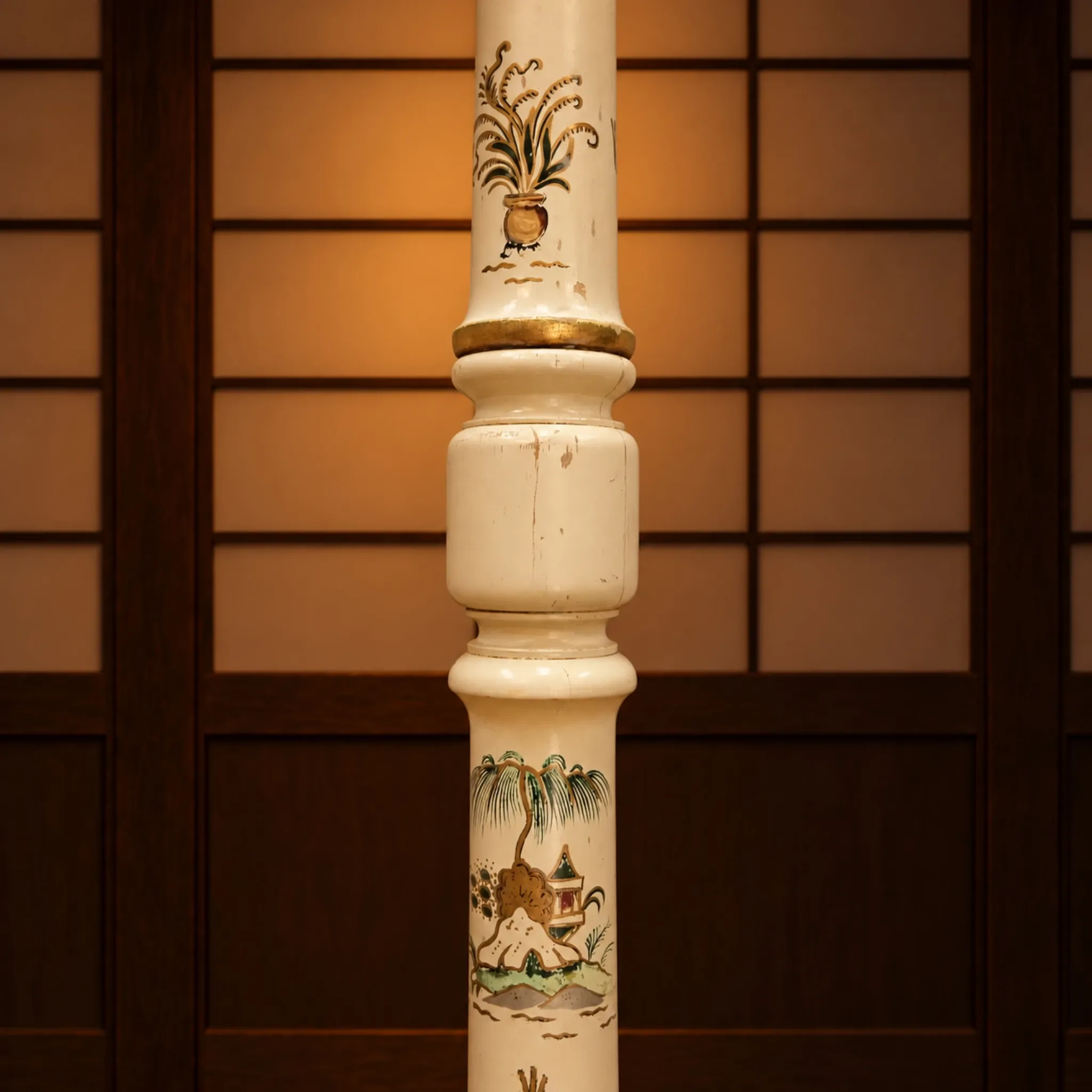 Lampadaire antique japonais peint à la main blanc et or (nouvel abat-jour)