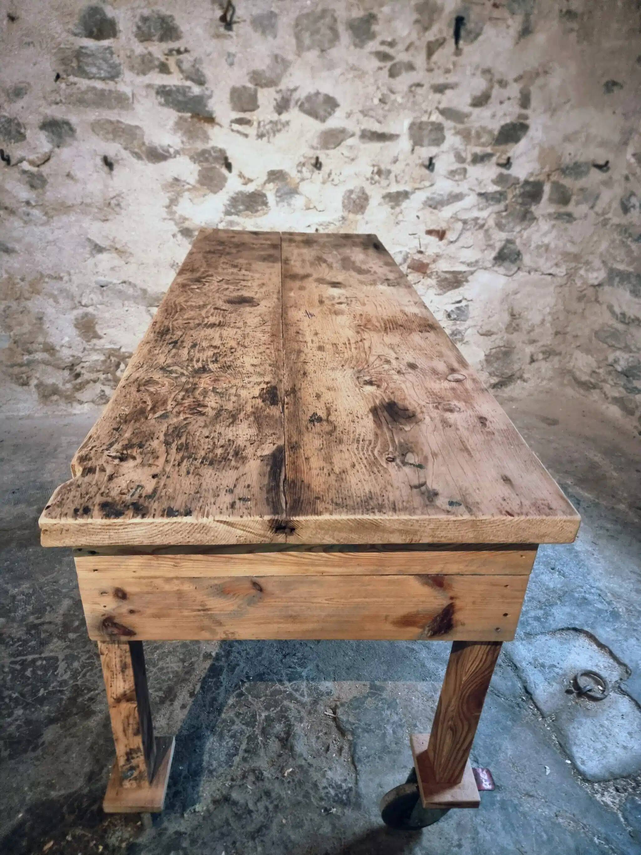 Vintage French pine work table, 1930s industrial kitchen island with drawer and casters