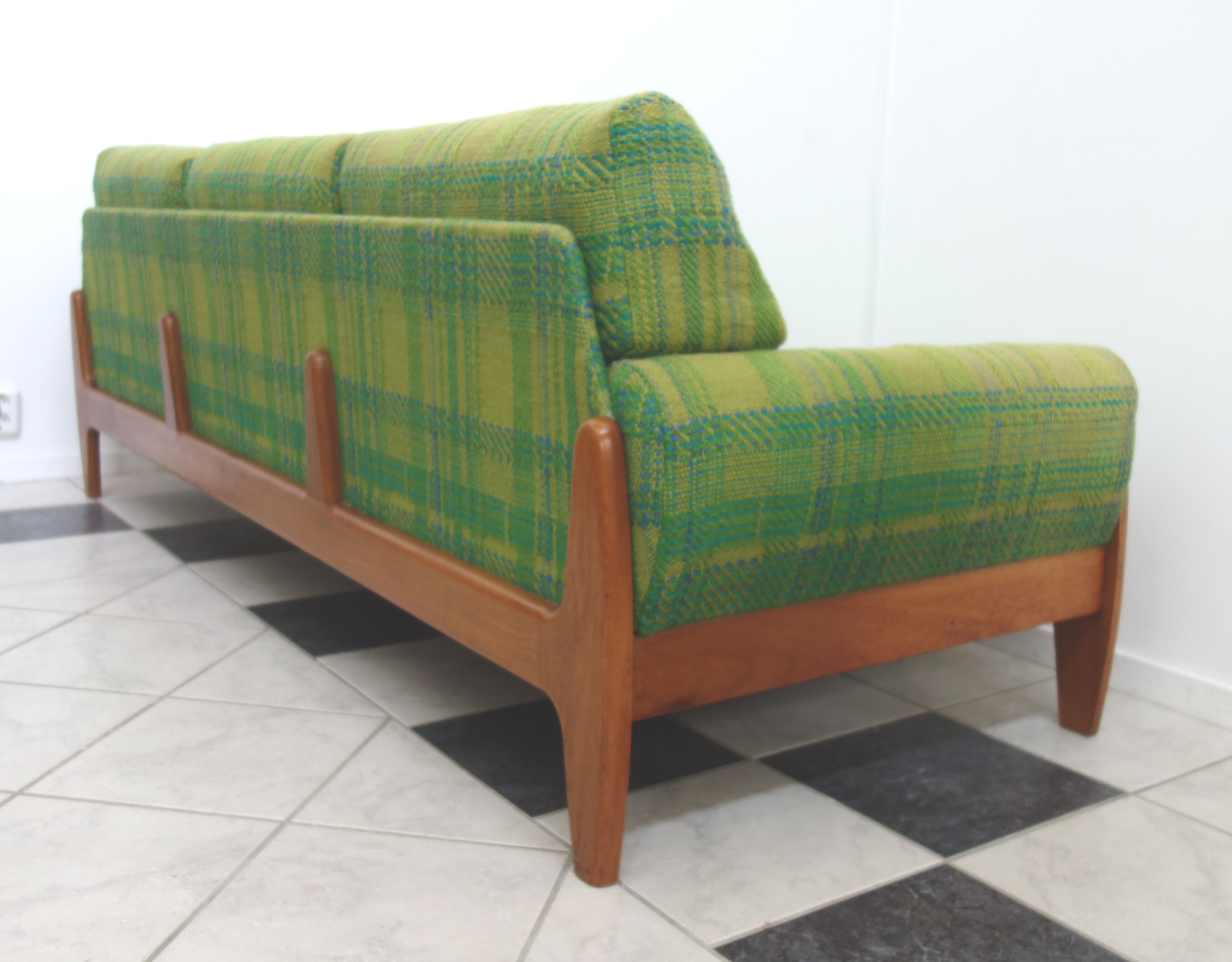 Green three seat sofa Teak frame