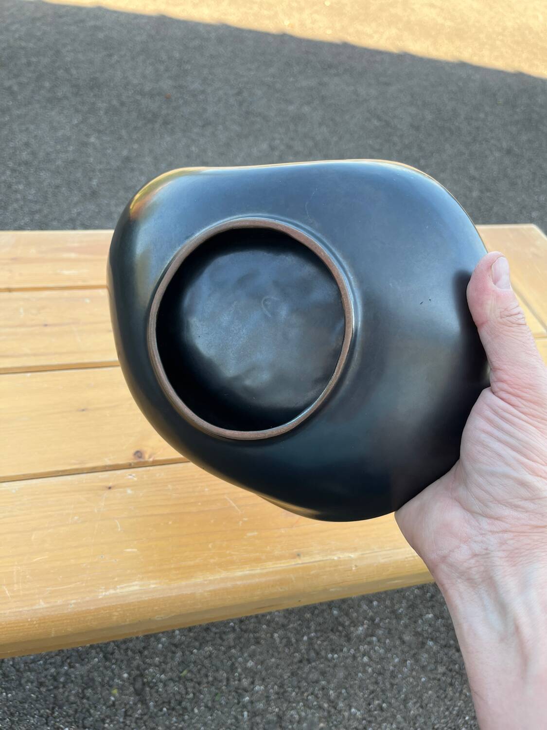 Large vintage 1950 bowl in black and yellow free-form ceramic
