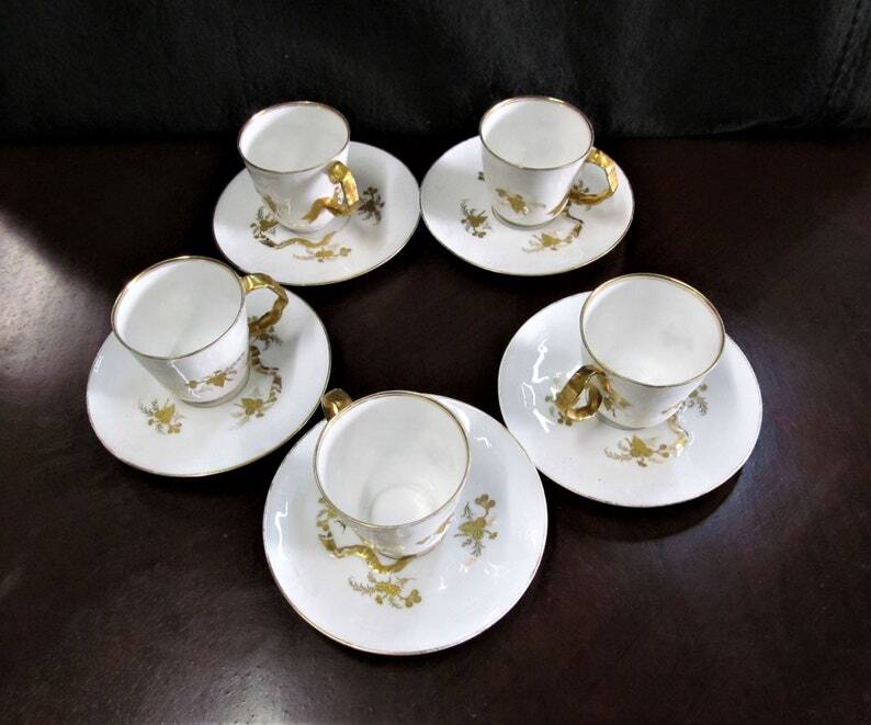 5 X Antique Limoges Porcelain Coffee Cups pairs Gold Ribbon Handle, 1890s