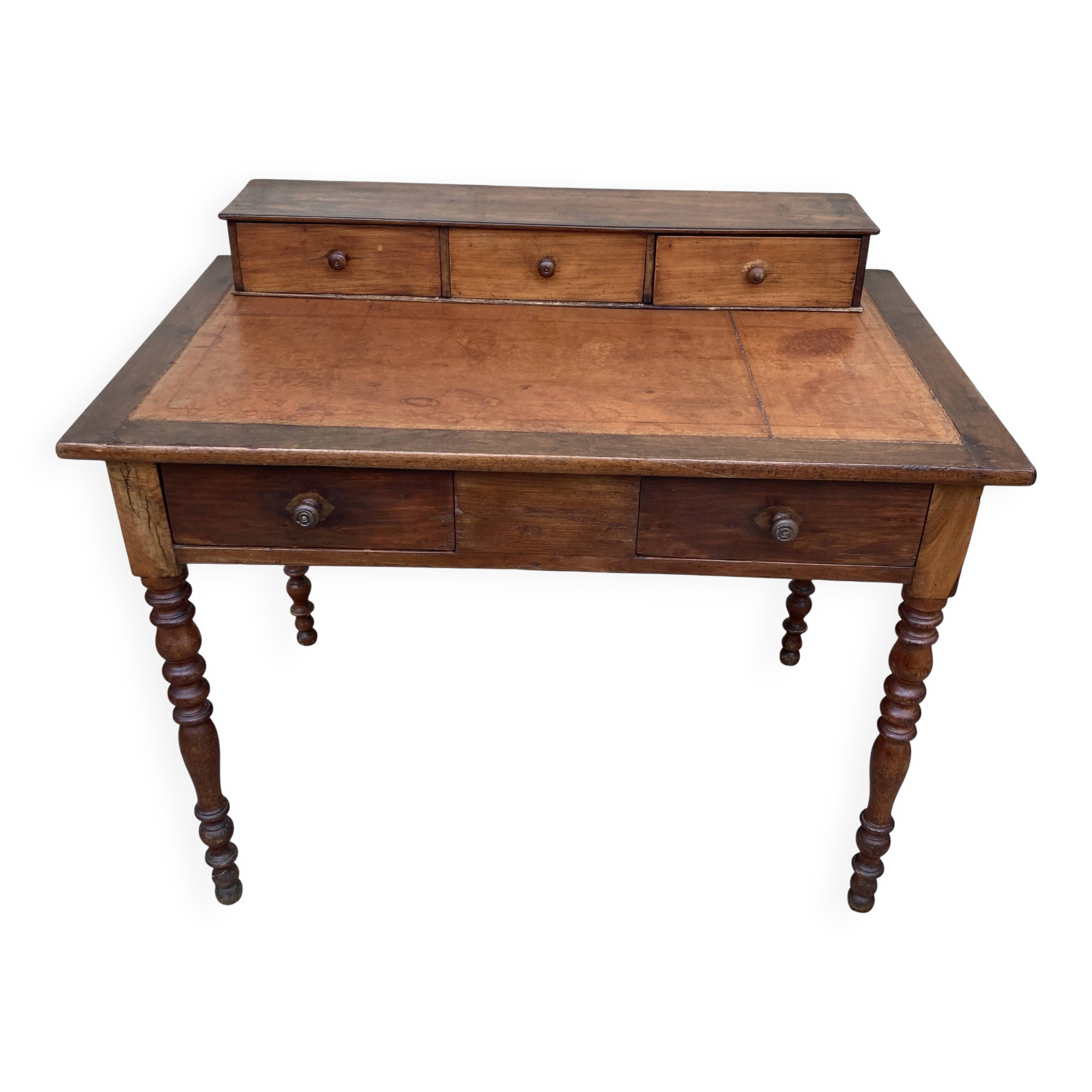 Antique desk with leather top and turned legs, 98 x 60.