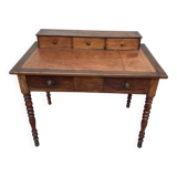 Antique desk with leather top and turned legs, 98 x 60.