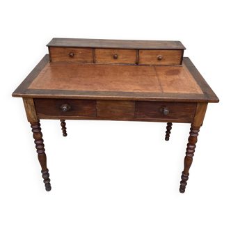 Antique desk with leather top and turned legs, 98 x 60.