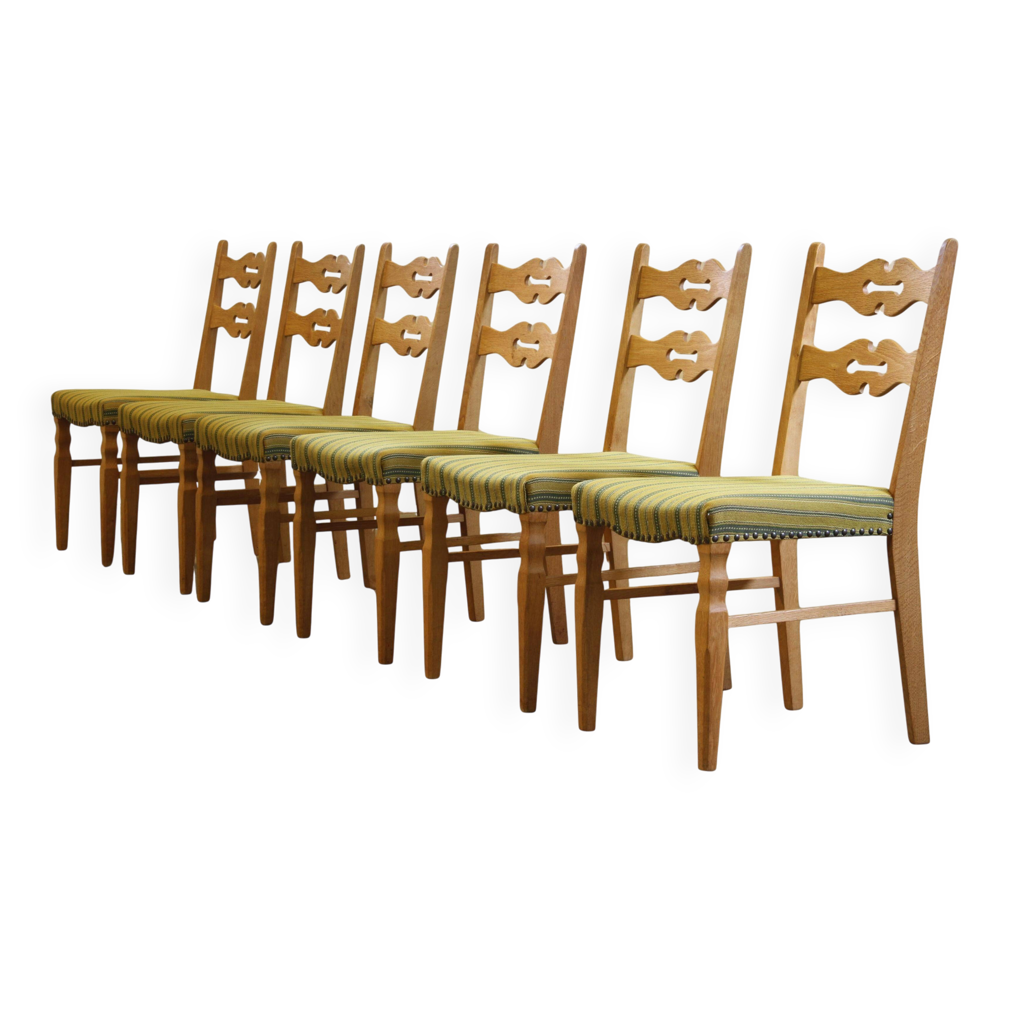 Vintage 1960s brutalist Danish modern oak dining chairs in the style of Henning Kjærnulf
