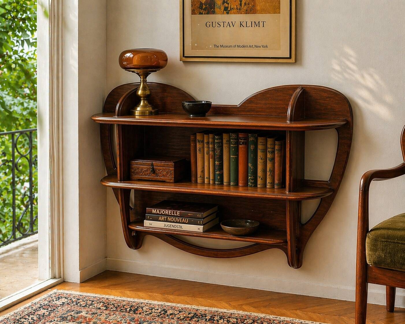 Large shelf 1900 Art Nouveau in solid oak