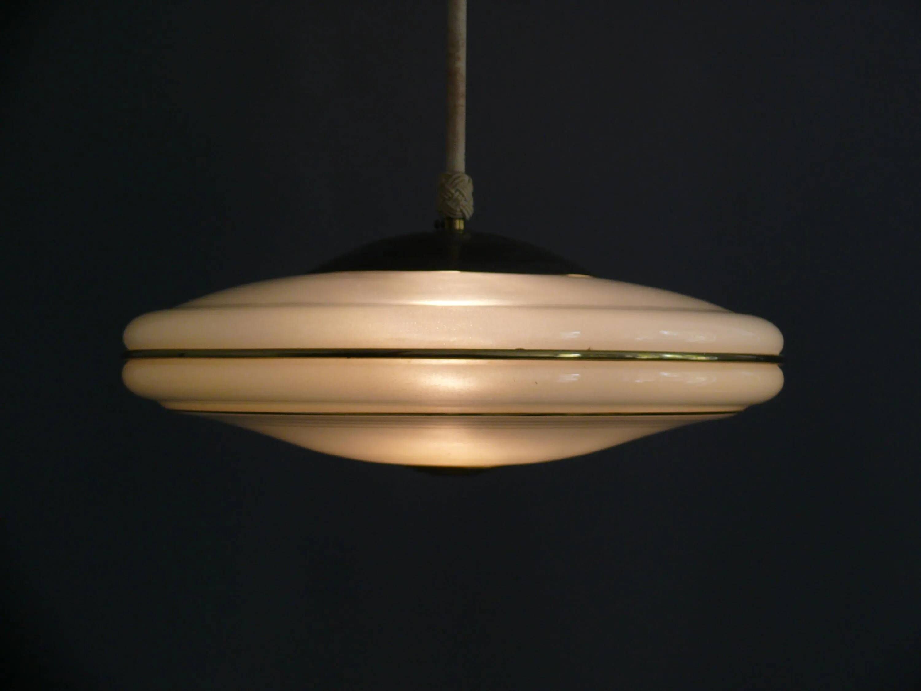 Beige Art Deco Pendant Light with Golden Radial Stripes and Brass Profile, 1930-1940