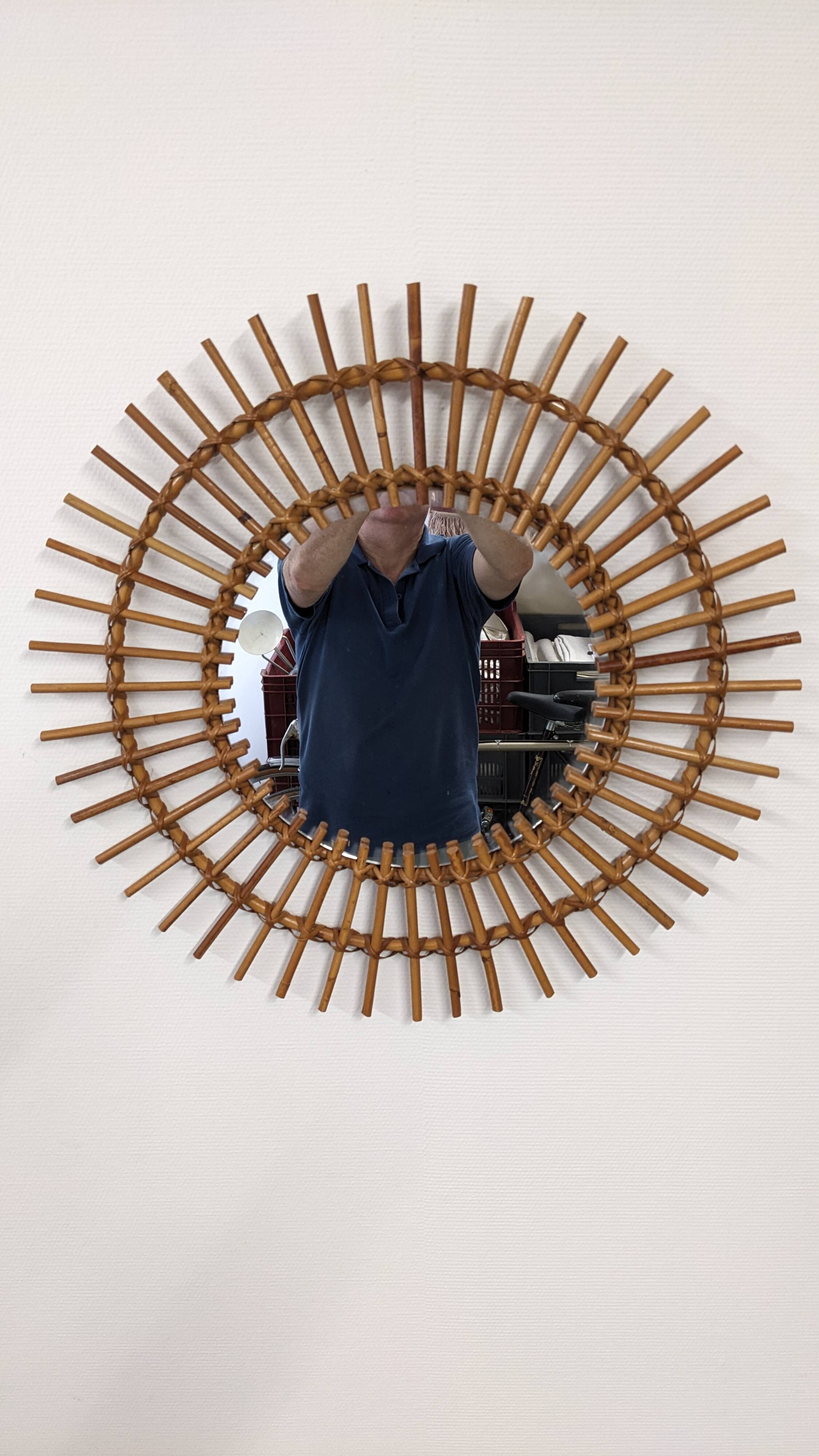 XL sun mirror in rattan, France circa 1960